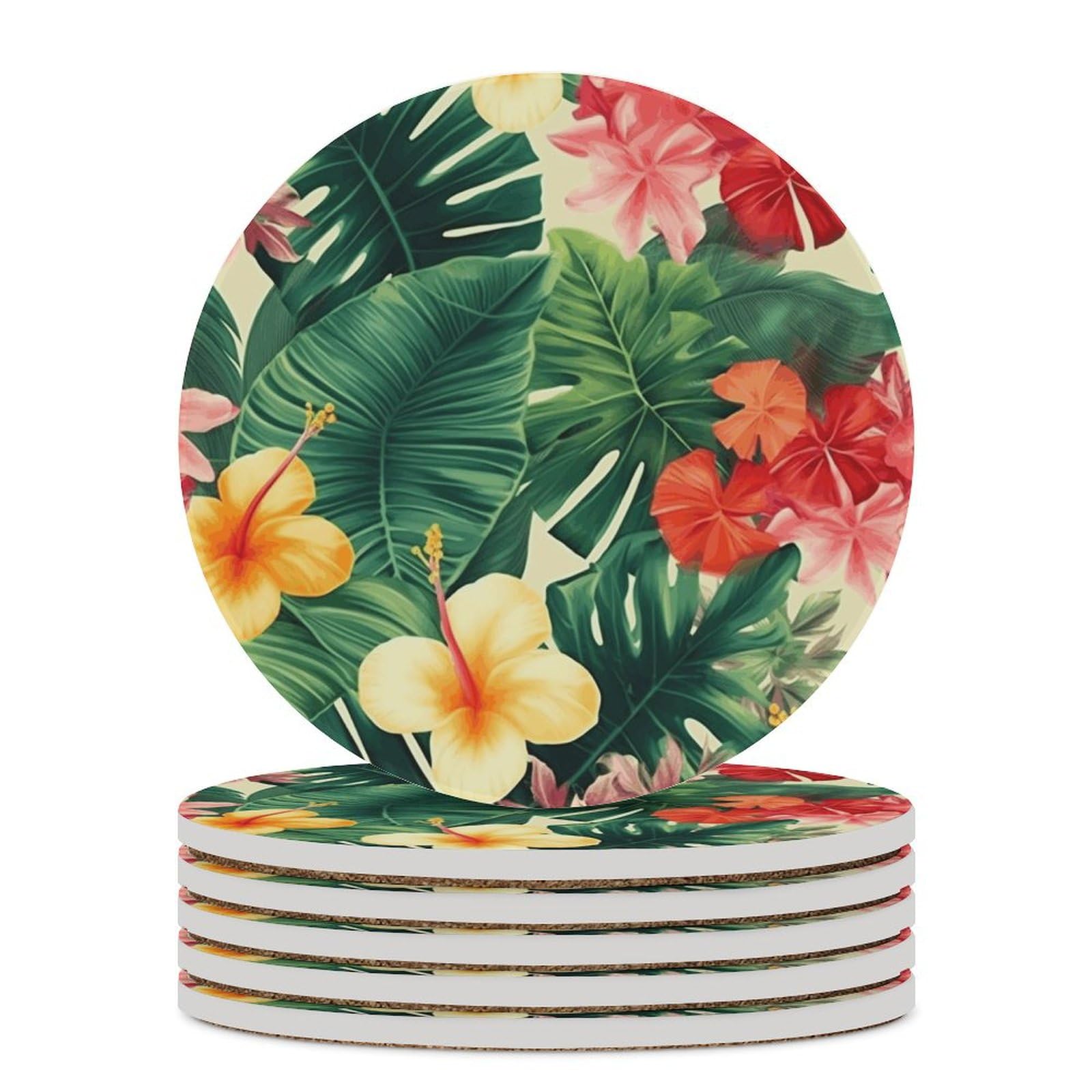 Dessous de verre en céramique lot de 6 avec liège absorbant motif Hojas Tropicales Y Flores