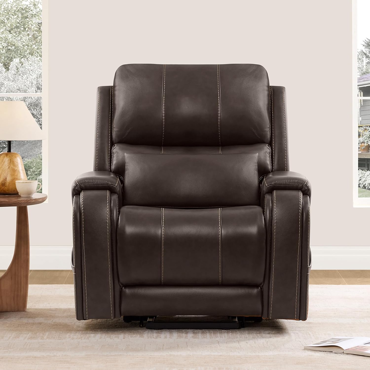 CHITA Power Lift Recliner Chair for Elderly with Heat and Massage, Genuine Leather Electric Lift Chairs with Cup Holder, Removable Lumbar Pillow, 2 Side Pockets, Leather in Brown