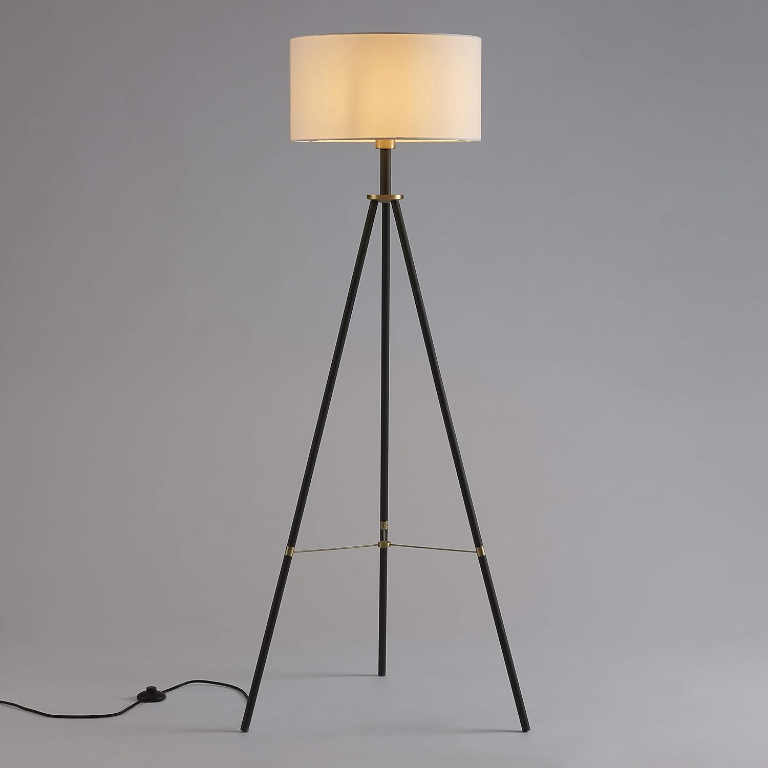 Top Rated ambiore. Tripod Floor Lamp with LED Bulb Miller - Standing Lamp for Mid-Century Living Room Stand Up Lamp - Contemporary Black Stand with Brass Touch & White Fabric Shade