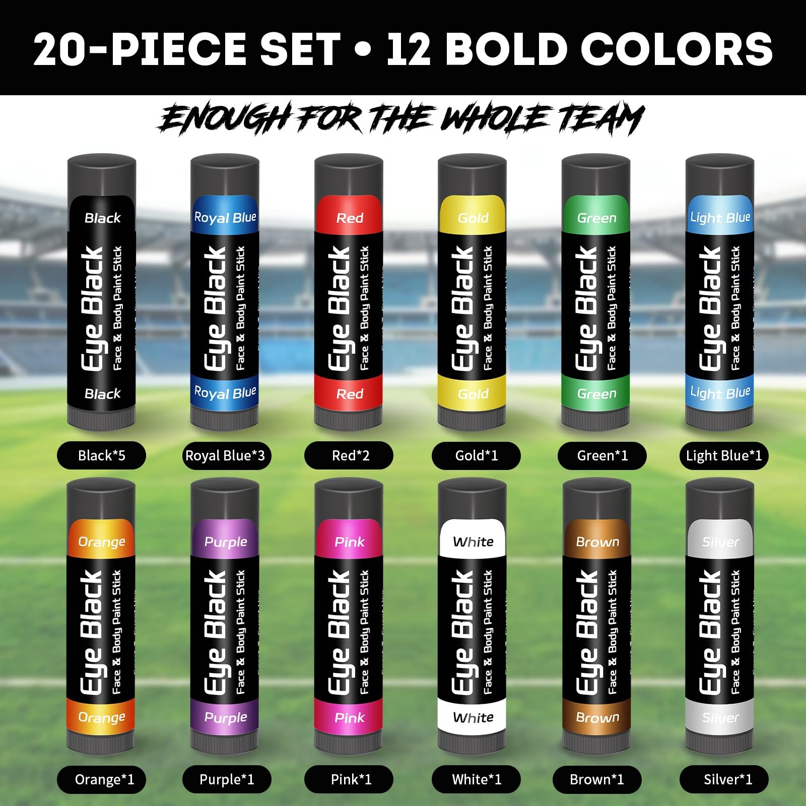 Eye Black Stick 20 Pack, 12 Colors Sports Eye Black for Football Baseball Softball, Anti Glare Eye Black Face Paint for Athletes & Fans, Retractable Under Eye Sports Paint Sticks for Game Day - 3