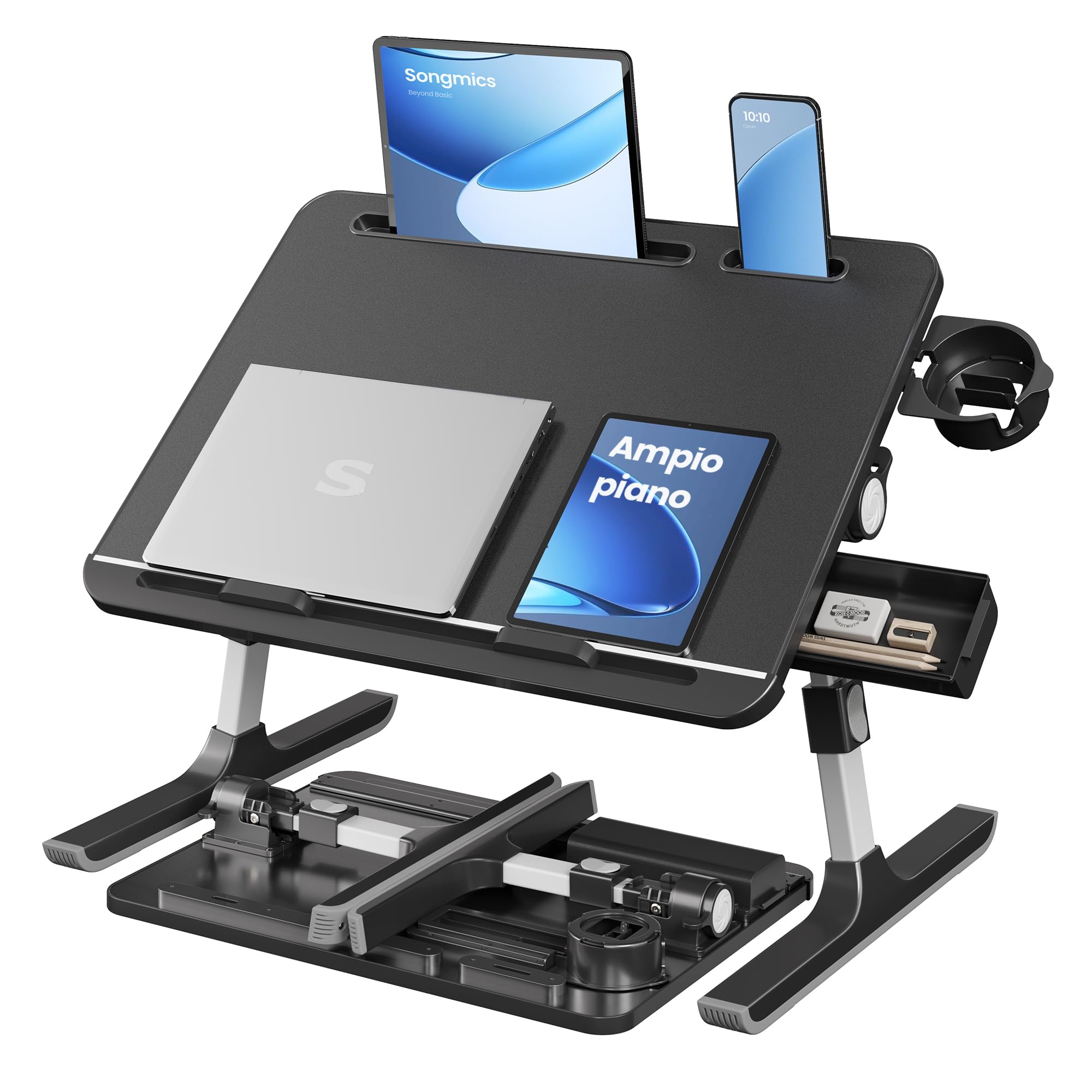 SONGMICS LLD113BC01 - Tavolo per computer portatile, 56 x 40 cm, regolabile in altezza a 120°, con porta bevande, cassetto, portatile, colore: nero