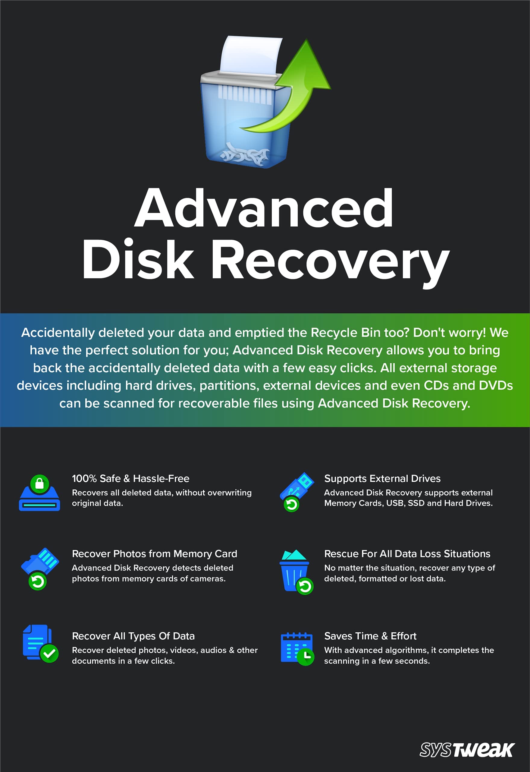 Systweak Advanced Disk Recovery Software 1 PC 1 año, Recupere archivos borrados, documentos y otros archivos de PC con Windows | USB | disco duro usb (correo electrónico solo en 2 horas, sin CD)