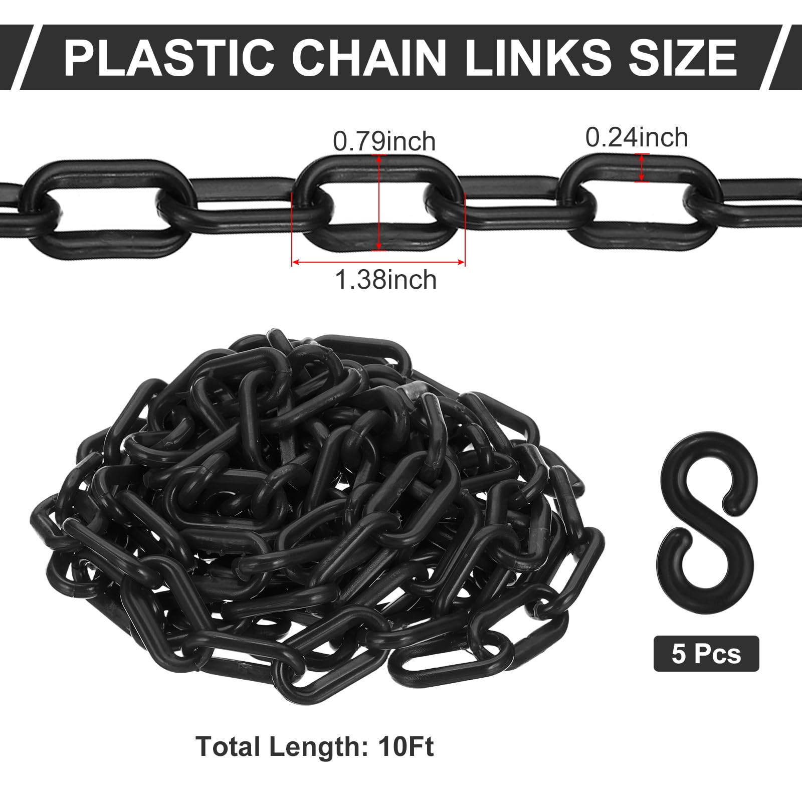 PATIKIL Chaîne en plastique noire, 10 ft 6mm Chaîne de sécurité pour le contrôle de foule, file d'attente, parking, clôture, portail, concert, chantier et décoration