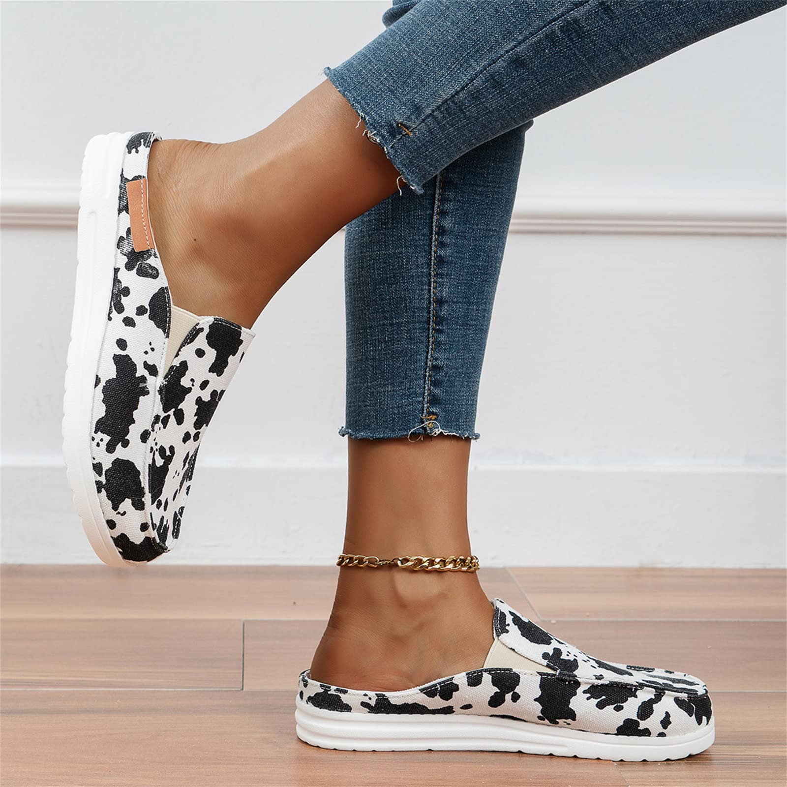 Swtko Women's Cow Print Garden Loafer Flat Shoes For Lightweight Breathable Backless Slip On Mules Sneakers Comfortable Slippers Canvas Boat Shoes For Walking,,Us11/Eu42