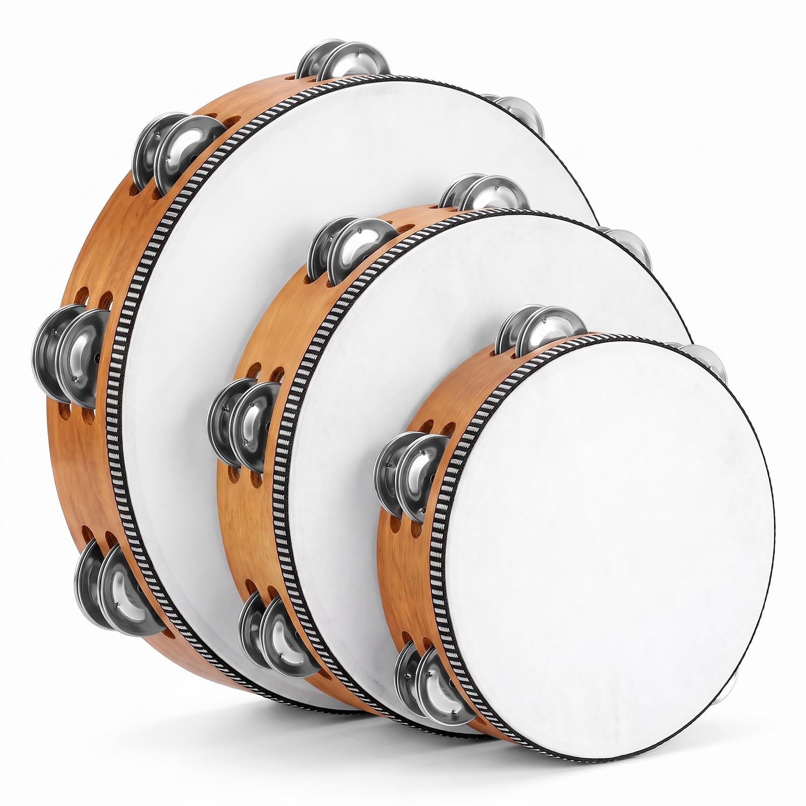 3 Pack Wooden Tambourine Drum, Hand Held Tambourines 6 Inch 8 Inch 10 Inch with Double Ro…