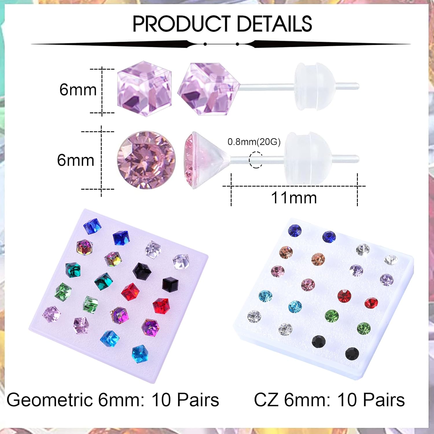 CZ Plastic Earrings for Sensitive Ears Hypoallergenic Geometric Stud Earring for Women - Image 2