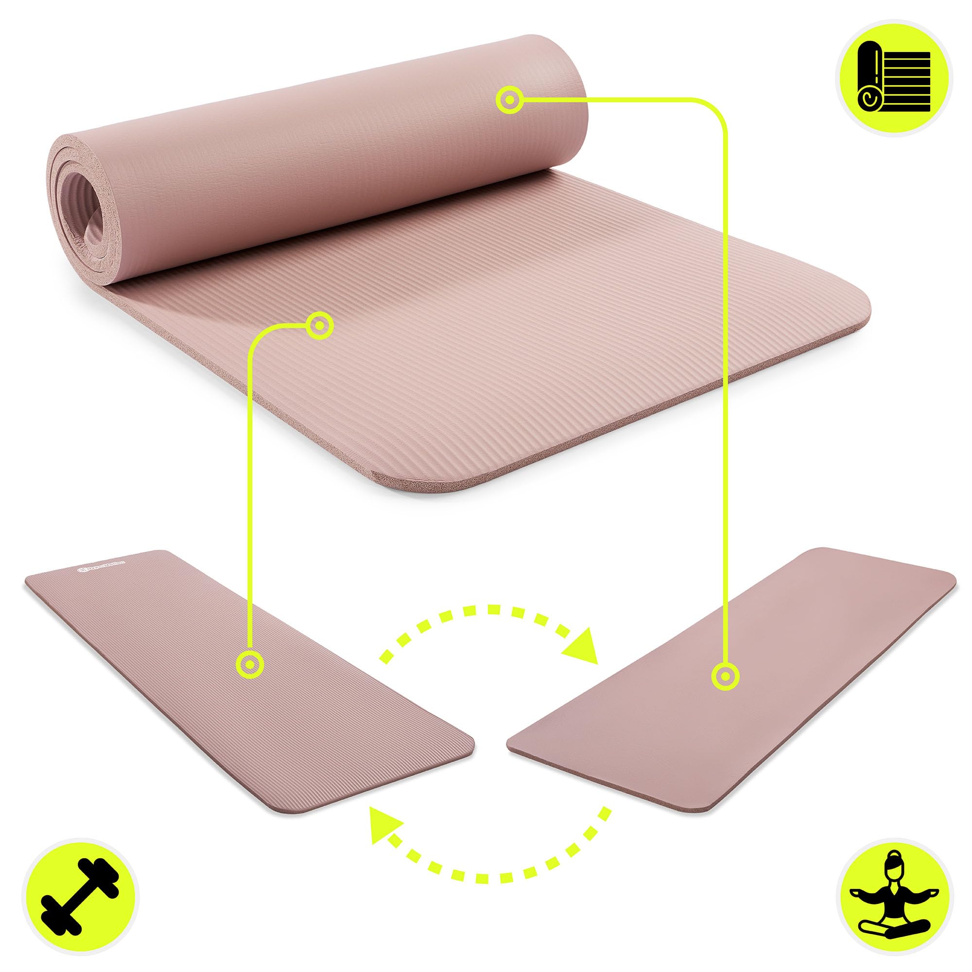 HyperMotion Mata do Ćwiczeń Fitness i Jogi NBR 183x61x1,5 cm Brudny Róż, Antypoślizgowa 15 mm, z Paskiem do Ćwiczeń i Przenoszenia, Gruba Mata do Jogi, Pilates i Stretchingu