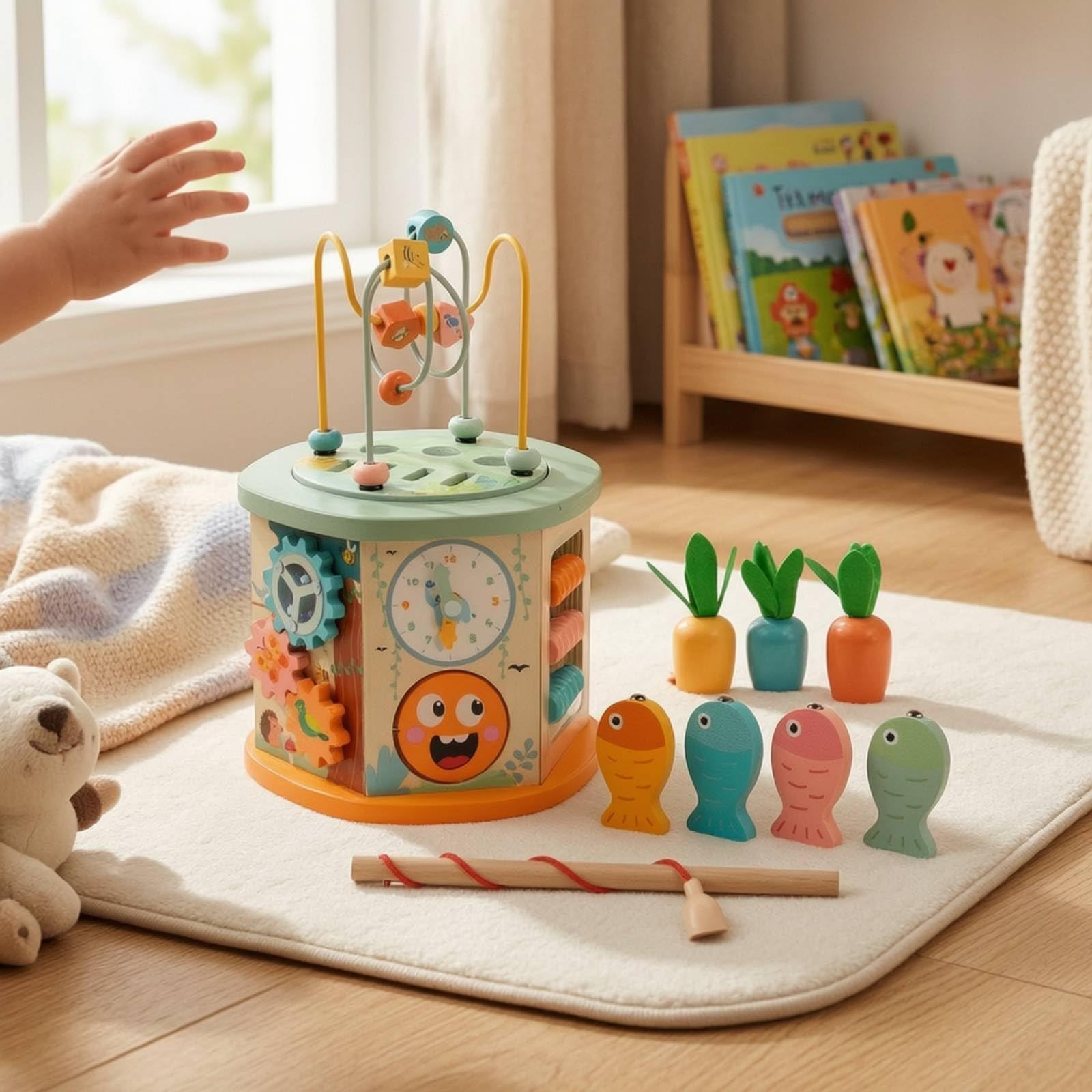 Cubo attività in Legno Interattivo Gioco | Sviluppo Motricità Fine, Cubo pedagogico, Tavolo con Orologio Didattico, per Asilo Nido, Neonati