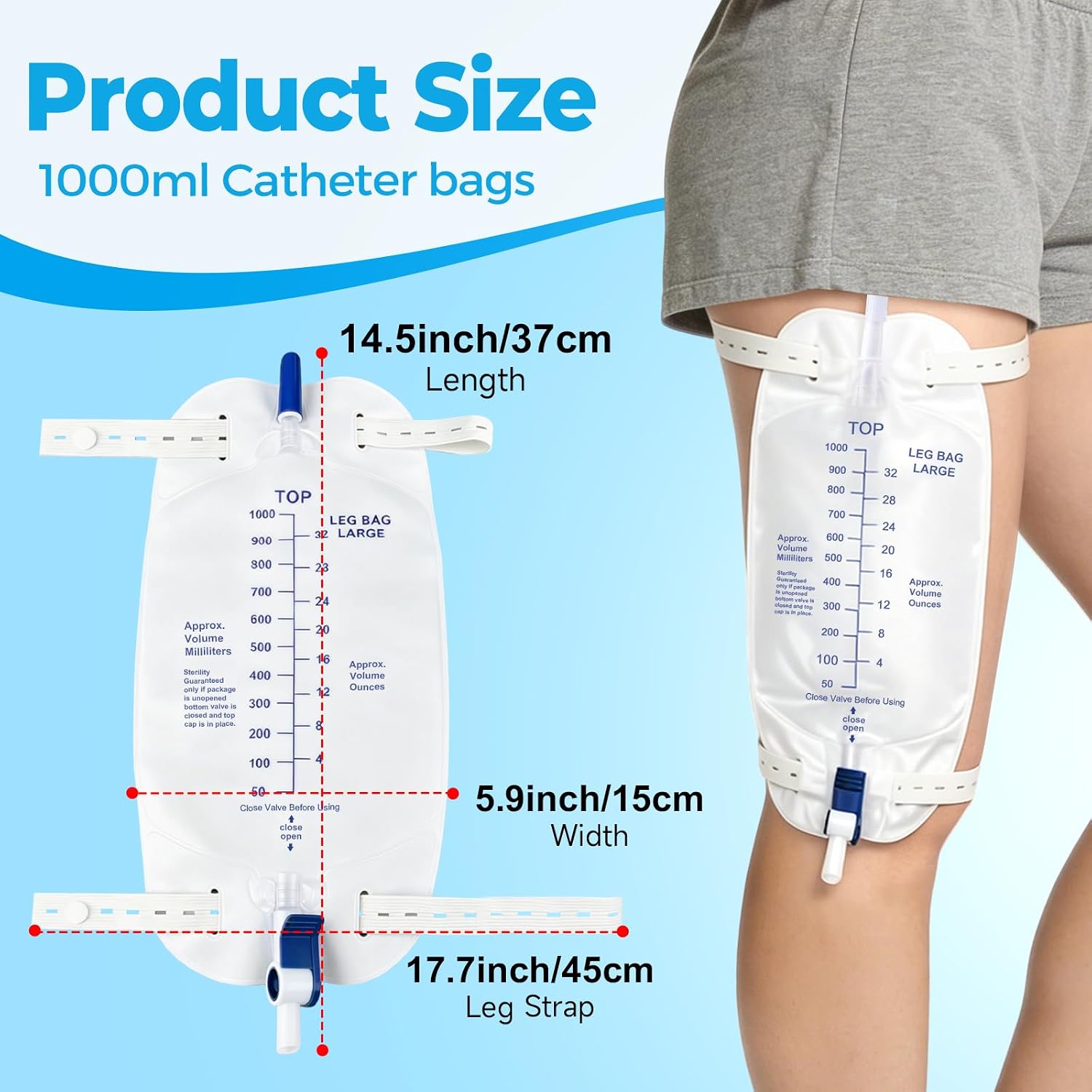 Catheter Leg Bags for Men, 5 Pack 1000ML Catheter Bags | Urine Bags for Men with Easy Flip Drain Design, Anti‑Reflux Valve