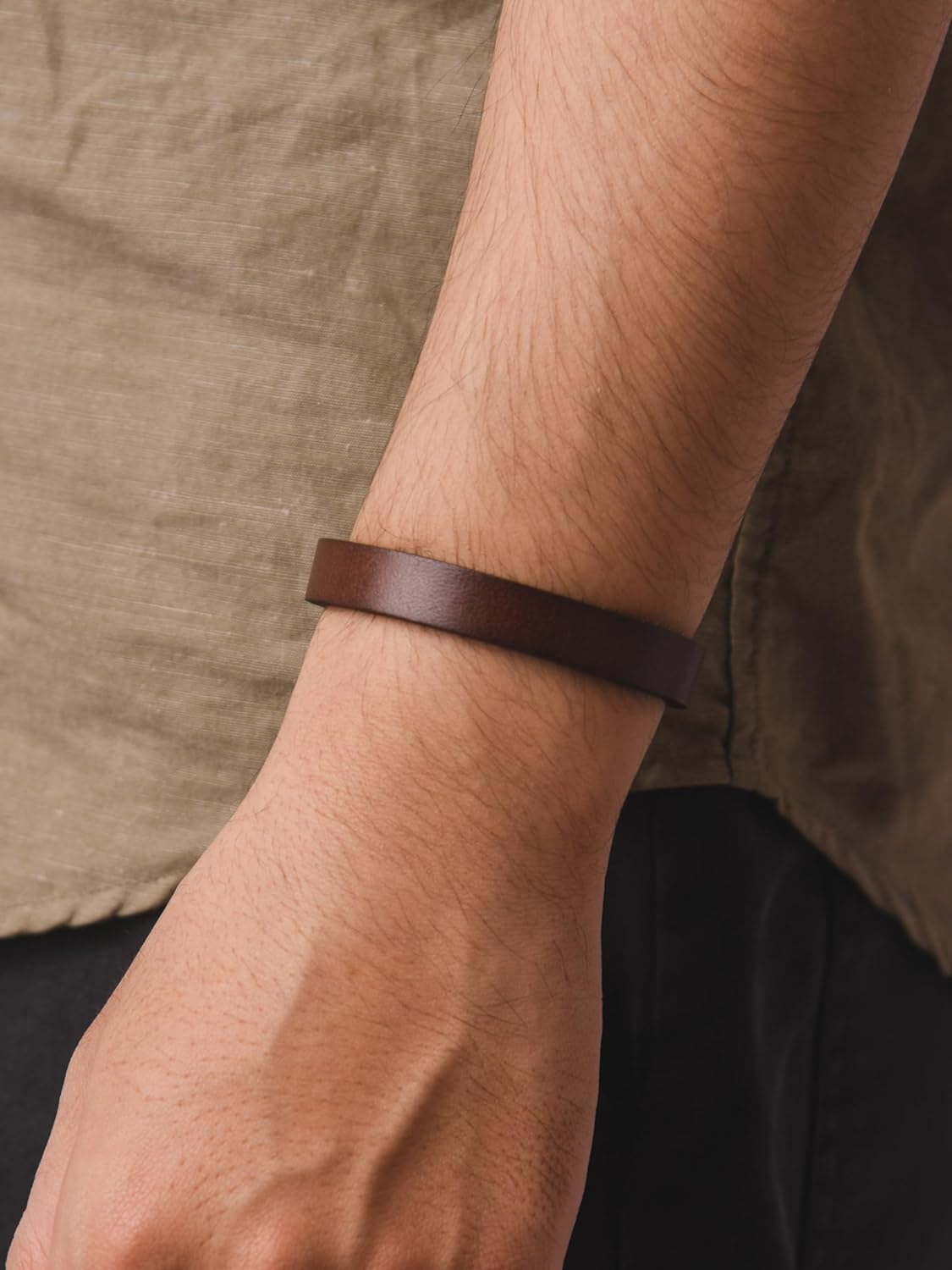 HAQUIL Rustic Brown Genuine Leather Single Wrap Bracelet with Stainless Steel Snap Clasp for Men - Image 5