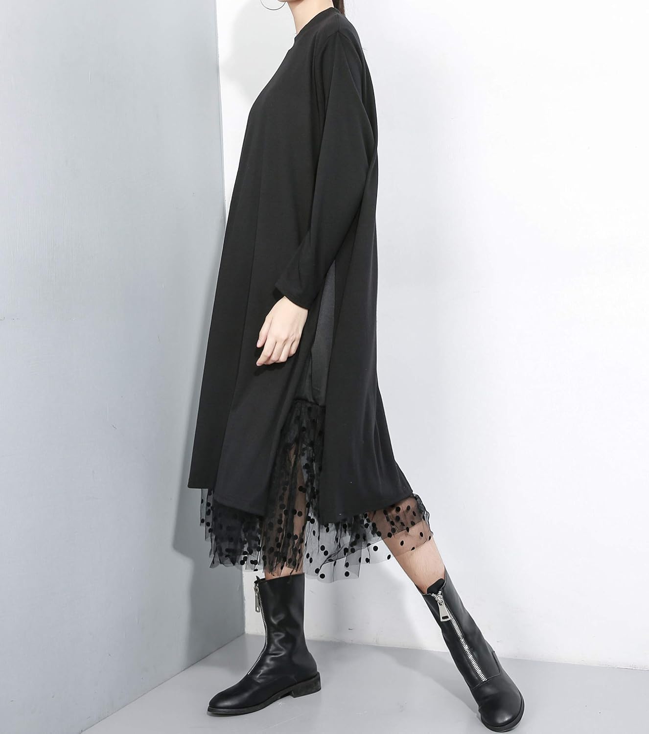 ellazhu Women's Fall Long-Sleeved All-Black T-Shirt Dress with Lace Hemline GY2022 - Image 3