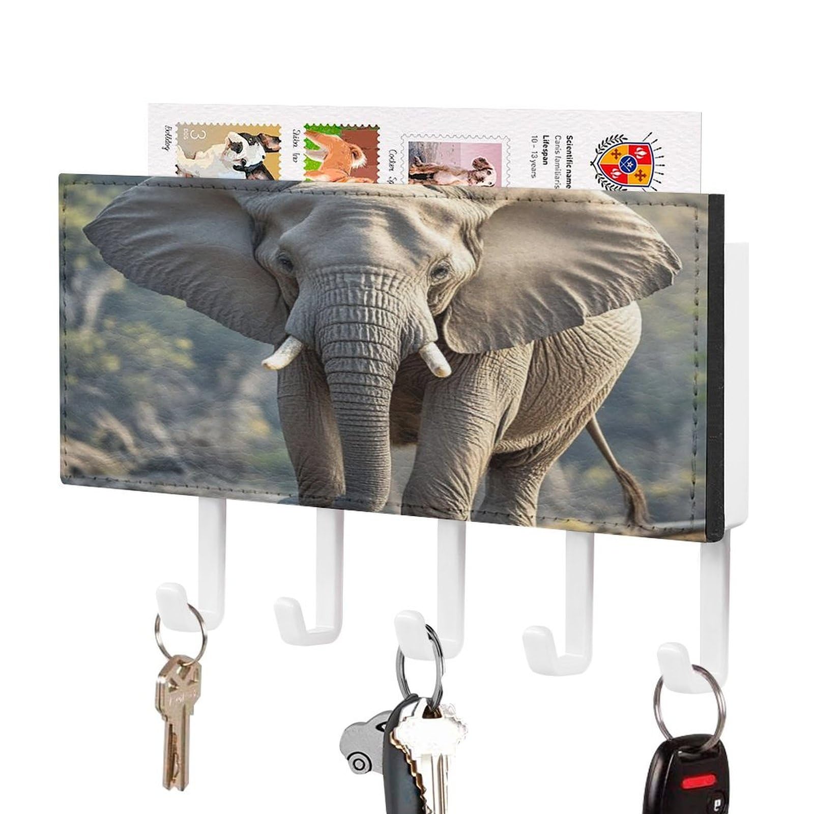 Fekiloot White-Style Elephant Key Holder Wall Mount Key And Mail Holder Key Hanger With 5 Hooks Decorative Pu Key Rack Hanging Key Hooks For Wall Living Room Kitchen Bathroom Hallway
