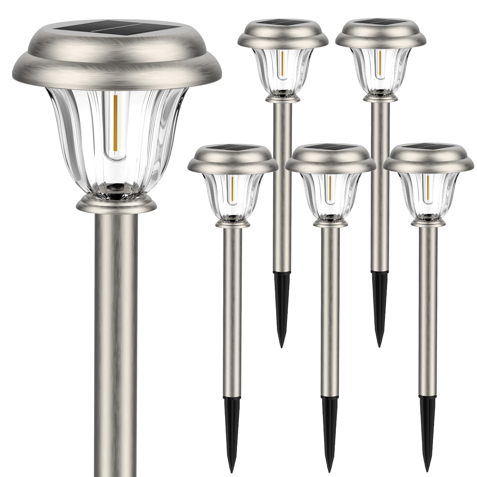 DERAYSION Stainless Steel Glass Solar Pathway Lights 6-Pack