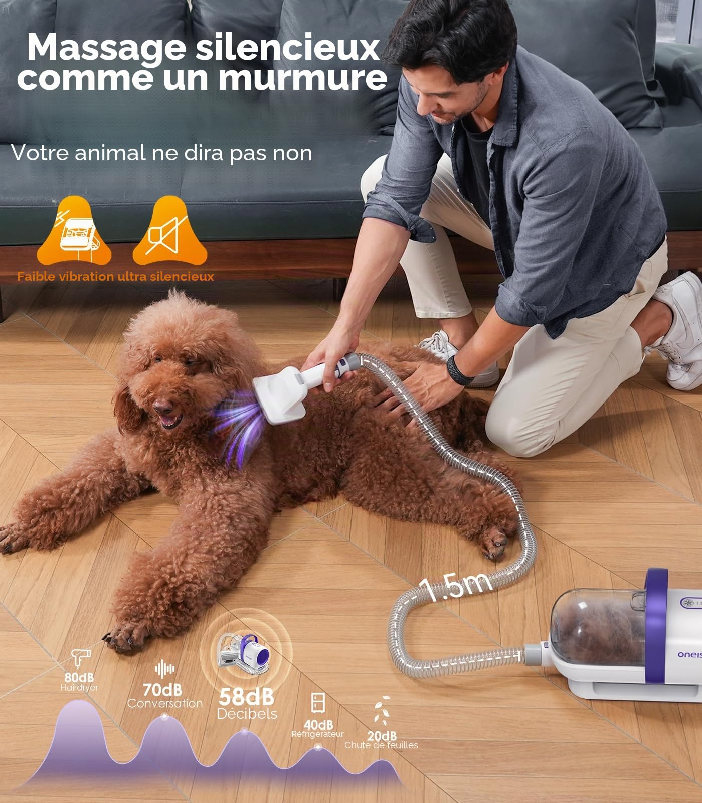oneisall Aspirateur pour chiens avec brosse,Puissance d'aspiration élevée Brosse pour chiens aspirateur avec 12000 Pa,Aspire 99.99% des poils d'animaux (1,5L) avec 4 accessoires d'entretien(Pourpre)