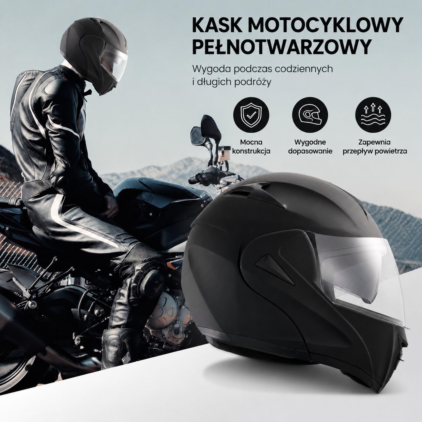 Czarny kask motocyklowy bez maski, skorupa ABS, wymienna szybka do motocrossu i jazdy