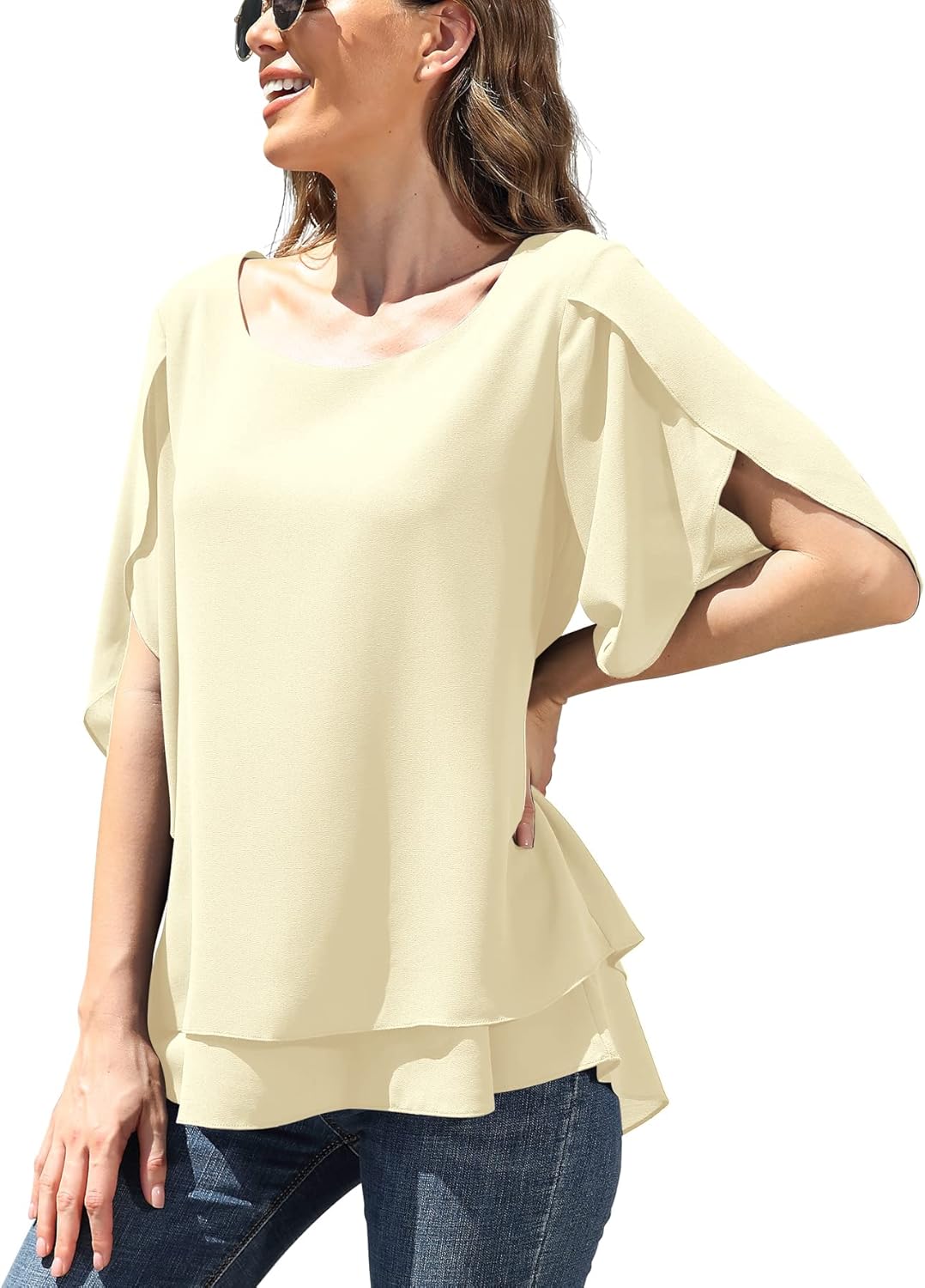 Jouica Women's Fall 3/4 Sleeve Tops Lined Flowy Chiffon Blouse Scoop Neck Shirt for Women - Image 2