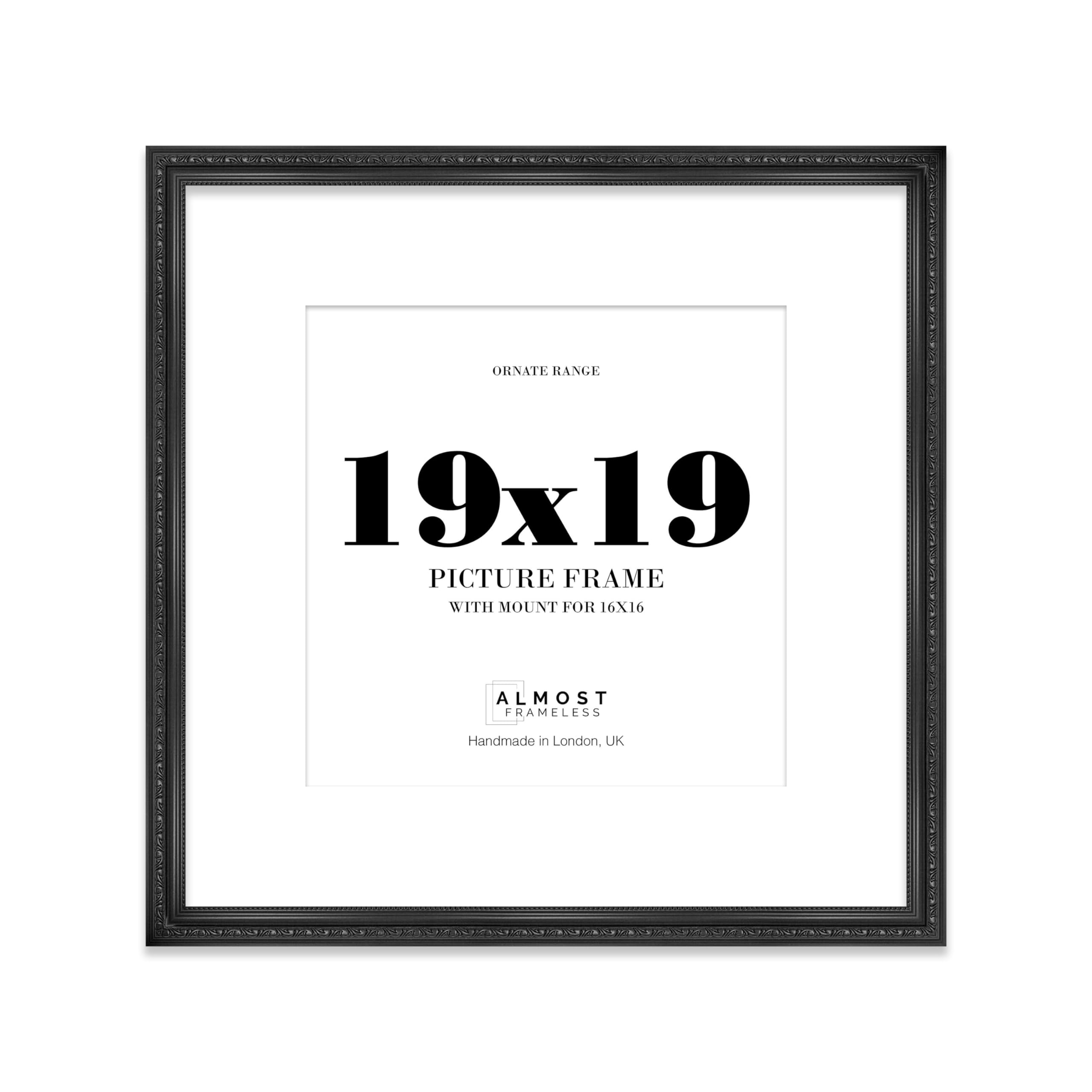 19x19 Black Ornate Photo Frame With White Mat For 16x16 Picture, Ready to Hang, 1 Pack
