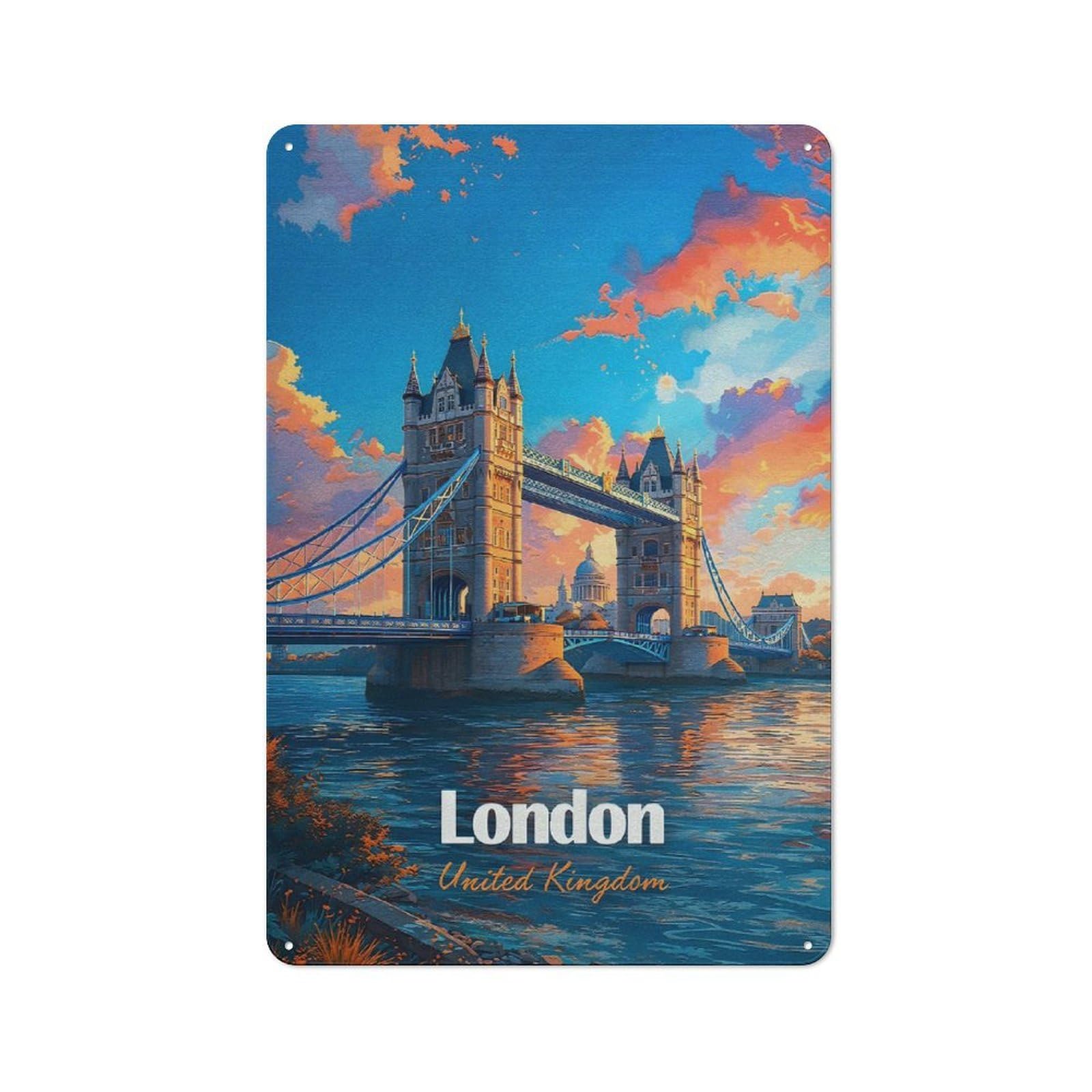 Junmoney Style-24 London Tower Bridge At Sunset Outdoor Room Metal Wall Decor 30X20cm, Rustic Tin Sign For Shed, Garden Room, Porch Or Garage