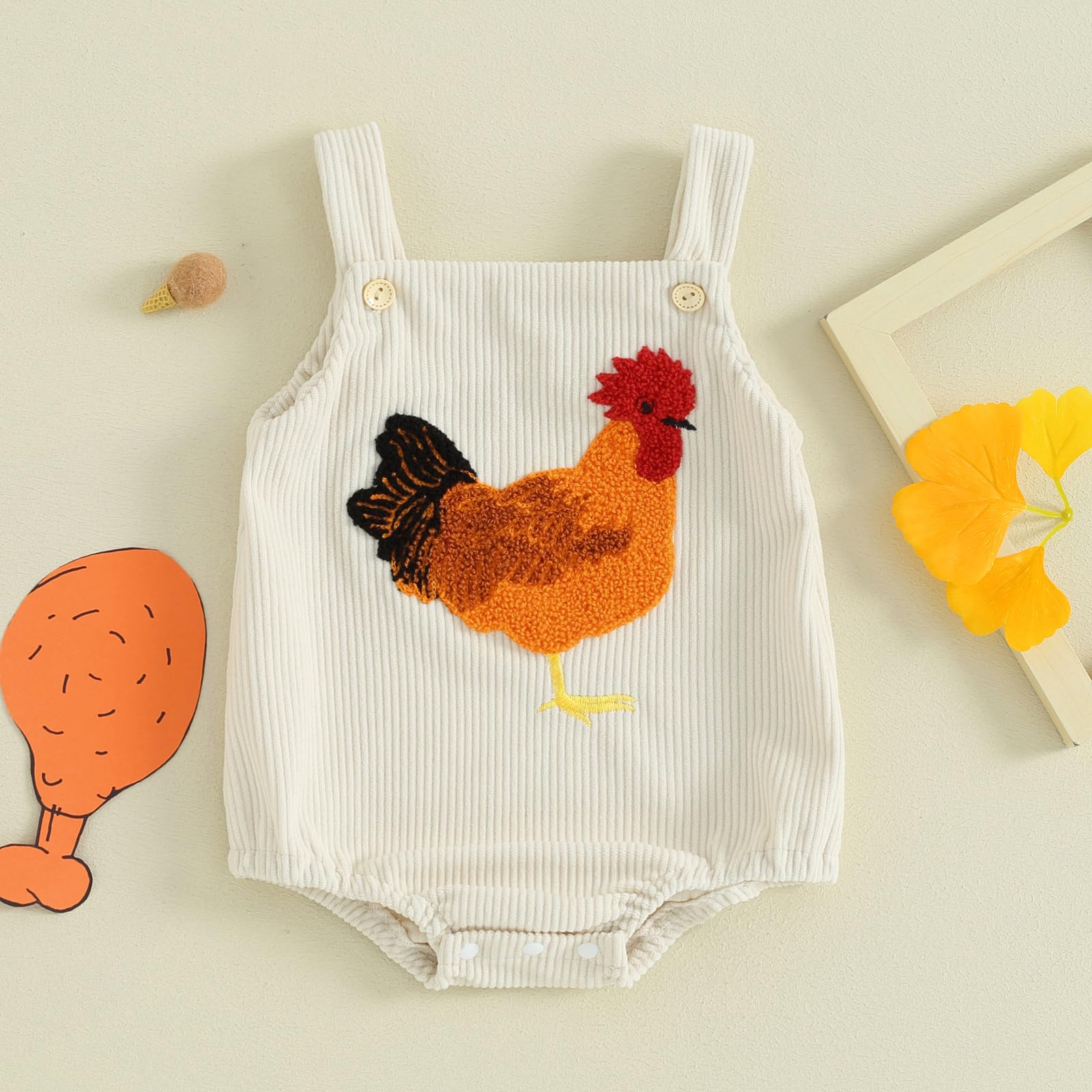 pengnight Newborn Baby Boys Girls Outfits Farm Chicken Embroidery Romper Sleeveless Corduroy Overalls Infant Clothes (White, 9-12 Months)