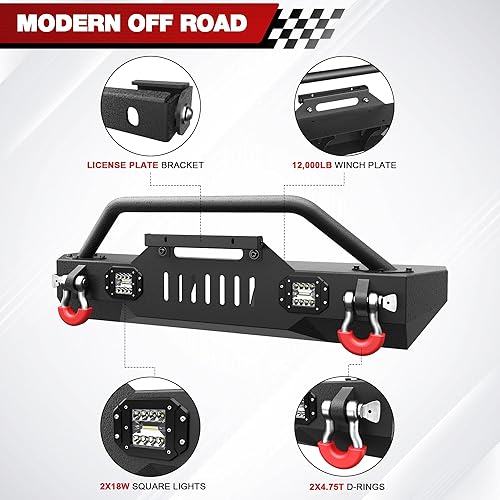 Miniatura 10 de Parachoques delantero compatible con Jeep Wrangler JK JL y Gladiator JT 2007-2024, parachoques de ancho completo todoterreno con placa de