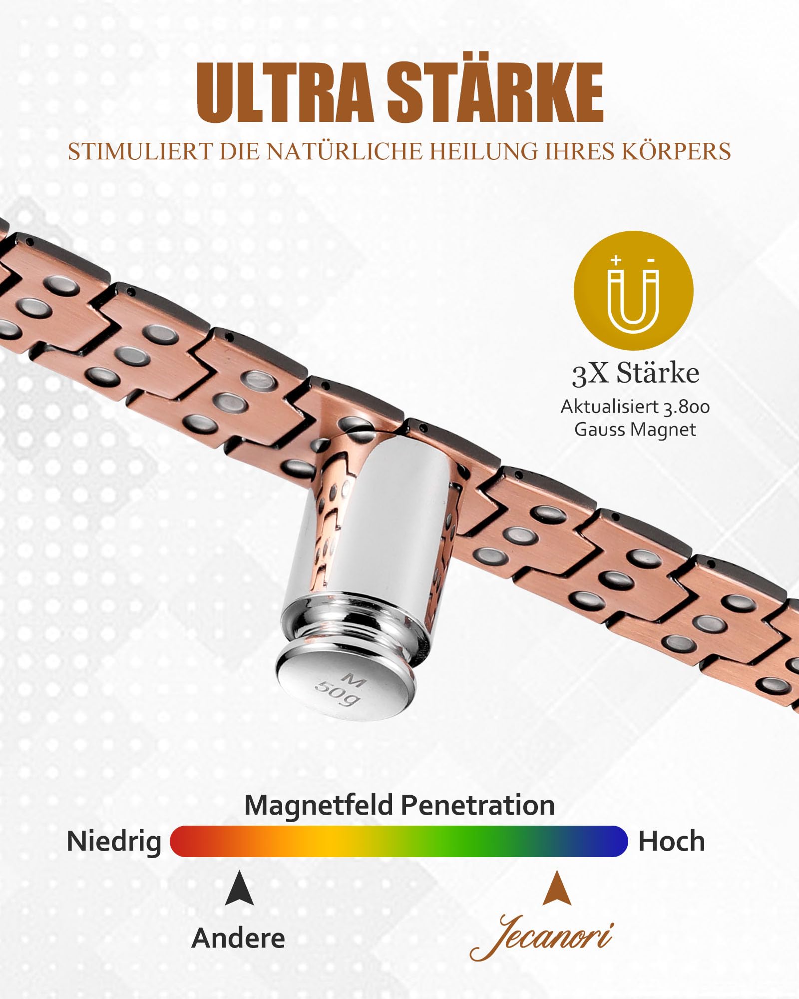 Jecanori Bracelet magnétique en cuivre pour homme, 3 rangées magnétiques réglables pour homme, bracelet en cuivre 3500 gauss aimants, anneaux et boîtes cadeaux (noir), 22 cm, Cuivre