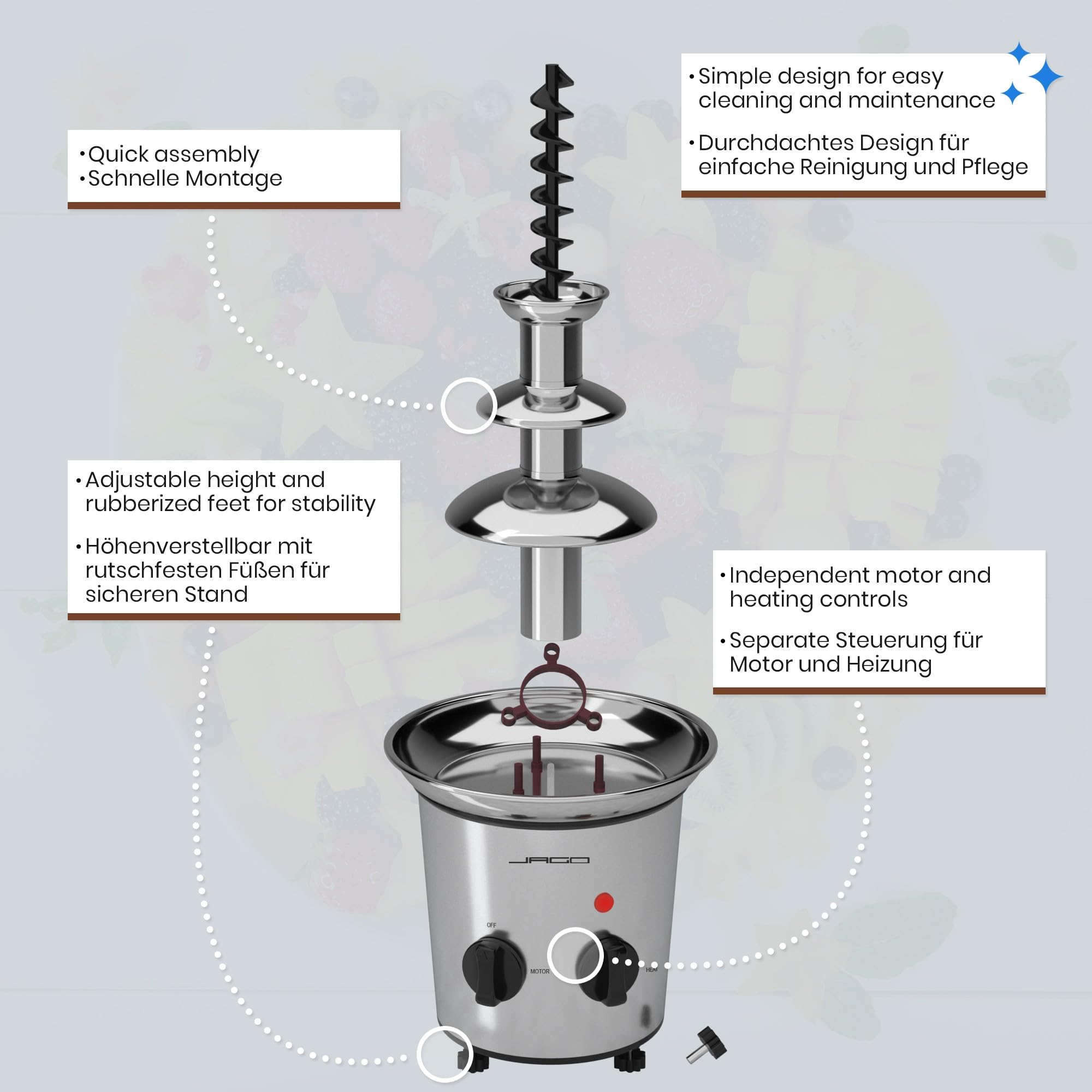 Jago® Schokoladenbrunnen 275W - 3 Etagen, Max. Kapazität 1 kg Schokolade, Edelstahl, Spülmaschinengeeignet, Silber - Schokobrunnen, Schokofondue, Schokoladenfondue, Schokoladenfontäne