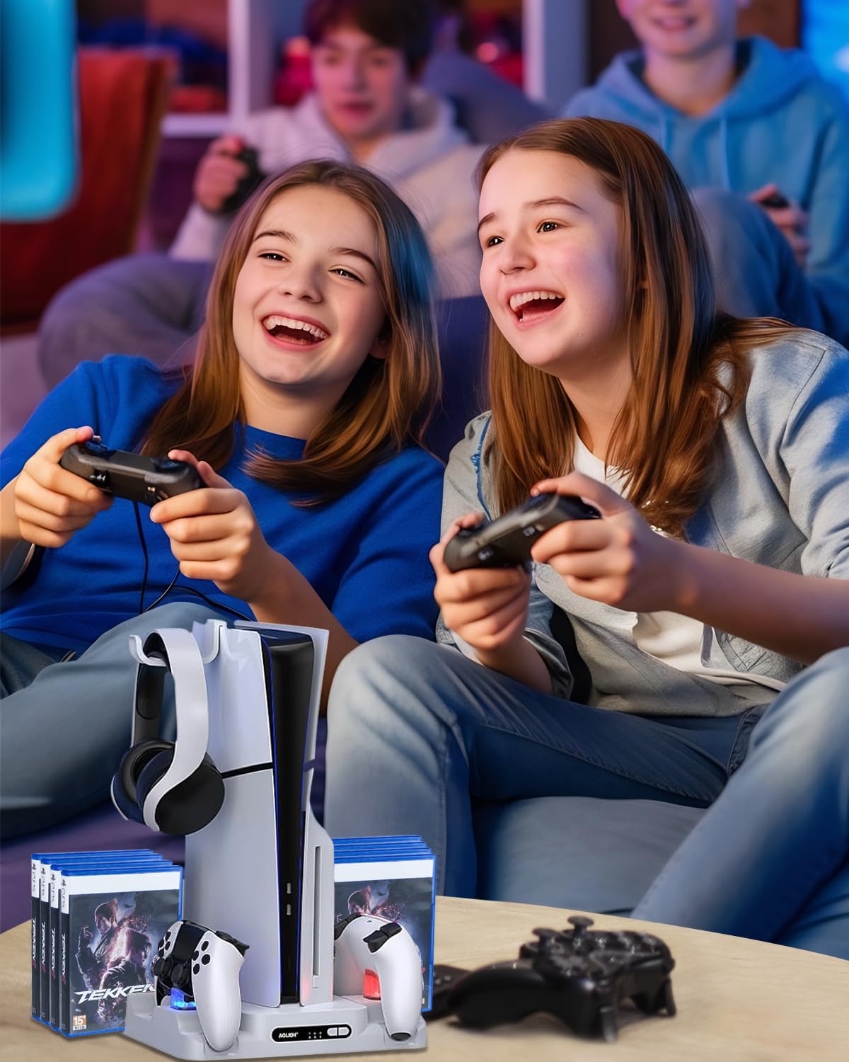 Estación de Recarga Rápida del Consola PS 5 con Ventilador de Enfriamiento, Cargador Compatible con Mando Play 5, Soporte para Auriculares Gafas Cascos PS 5