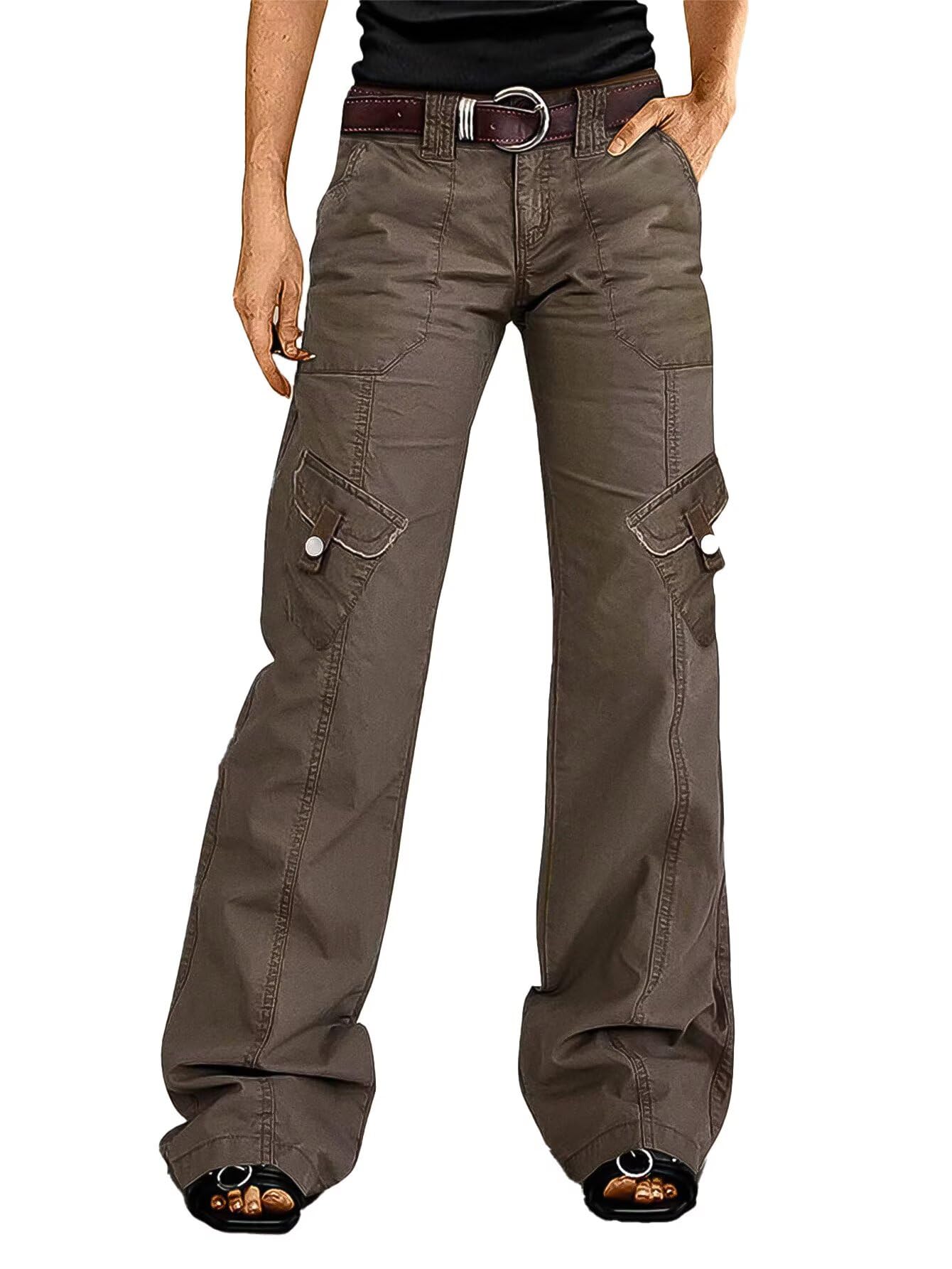 Flamingals Straight Leg Mid Waist Stitch Detail with Flap Pocket Cargo Pants Without Belt