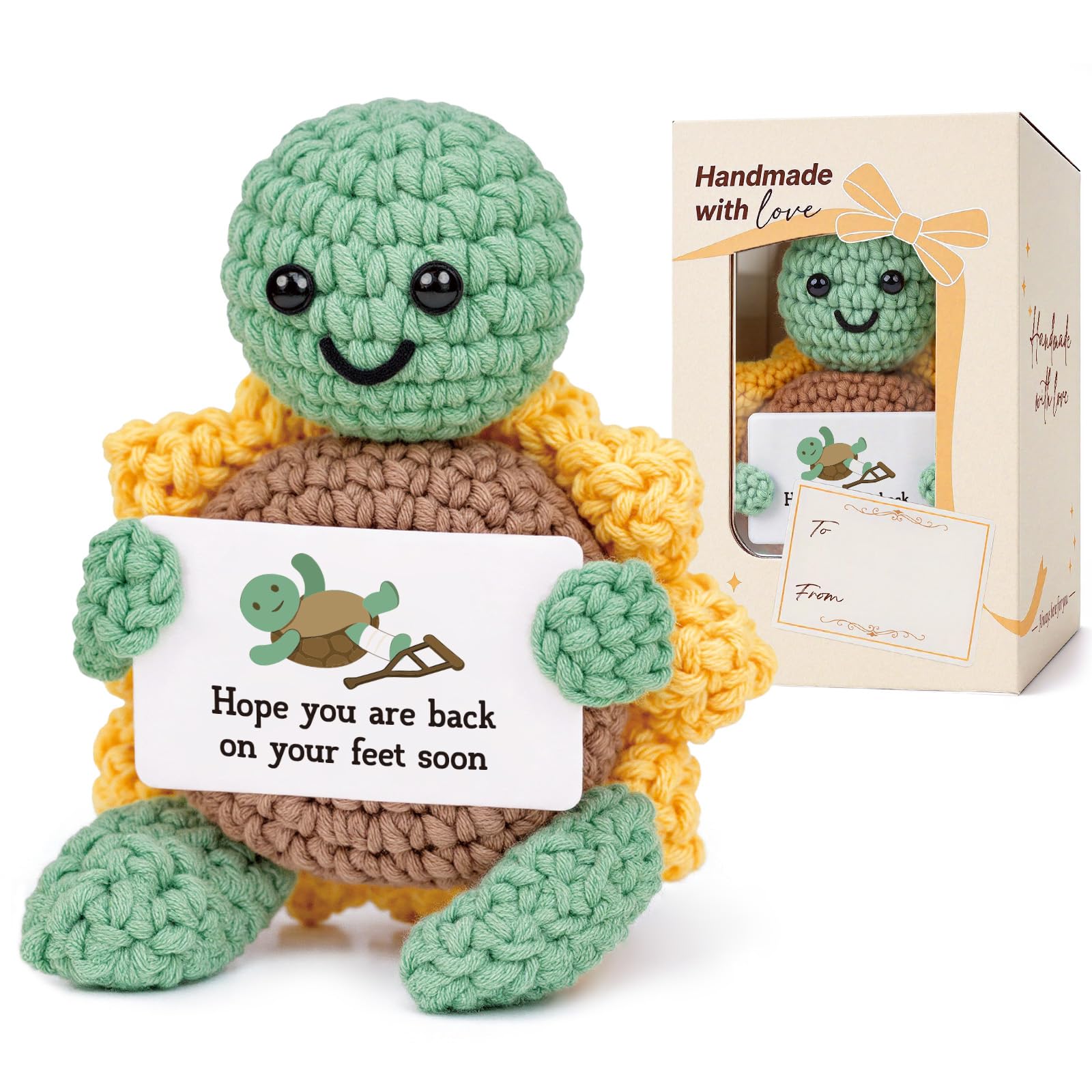 CheriGift Get Well Soon Gifts for Women Men Kids, Handmade Crochet Turtle Recovery Gift with Encouragement Card, Cute Cheer Up Presents for Friends Family Colleagues After Surgery or Injury