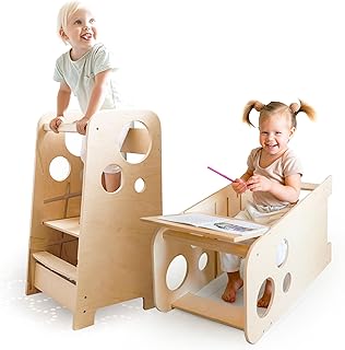 BusyKids Montessori Multifunctional Toddler Learning Tower 750+ WP Unfinished wood (No varnish) Height Adjustable Kids Kitchen Helper Table and Chair Set Step Safety Standing Step Stool