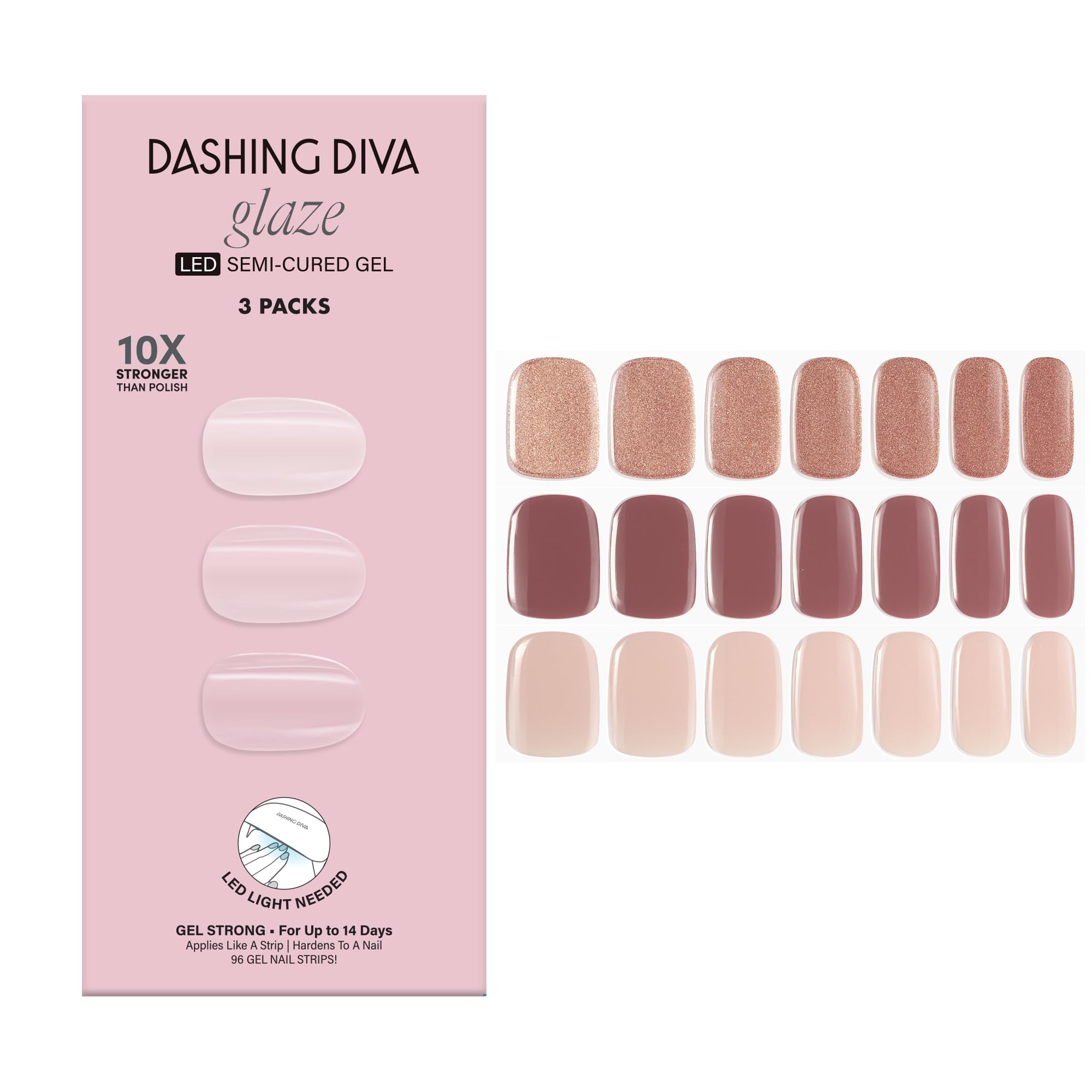 Dashing Diva Glaze Nail Strip 3-in-1 Kit - Best of Nudes - Long Lasting, Chip Resistant, Semi-Cured Gel Nail Strips - Contains 96 strips, 3 prep pads,
