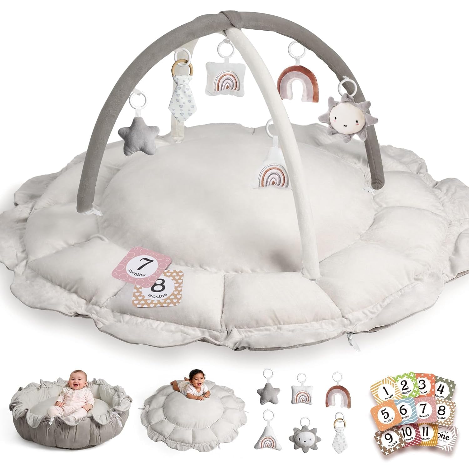 HAM-MM 5-in-1 Convertible Baby Play Gym with 6 Toys, Tummy Time Mat for Sensory Development, Baby Activity Center from Newborn to Toddler, Ball Pit, Soft Plush Pet Mat, No Ball Included Grey