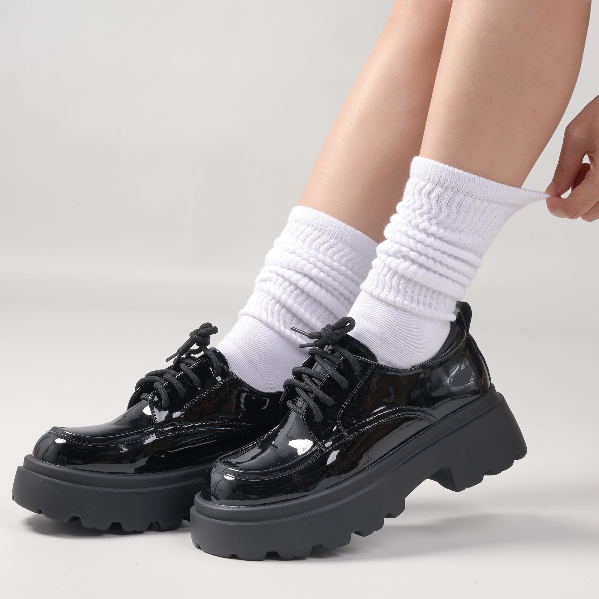 Grip Pilates Socks for Women, Yoga Slouch Socks with Grip for Barre Workout Hospital Long Scrunch Slipper Socks: White+black+grey