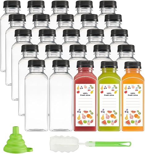 GUSTO Botellas de plástico reutilizables con tapas, etiquetas, cepillo y embudo de silicona, botellas de plástico transparente con tapas,