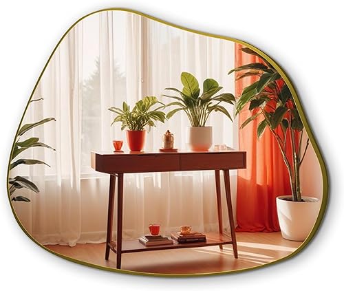 Espejo de pared irregular asimétrico de 35 x 27 pulgadas, espejo decorativo con marco de madera para sala de estar, dormitorio, baño, entrada, sobre