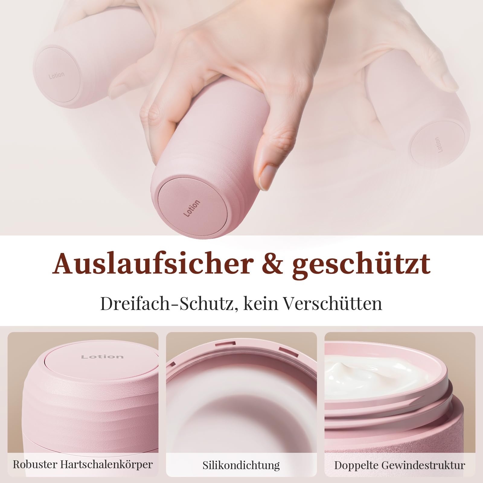 Reise-Toilettenbehälter auslaufsicher, TSA-zugelassene Reisebehälter aus PLA mit 5 magnetischen Etiketten, Weithals-Design, Rosa, 3er Set, 60 ml