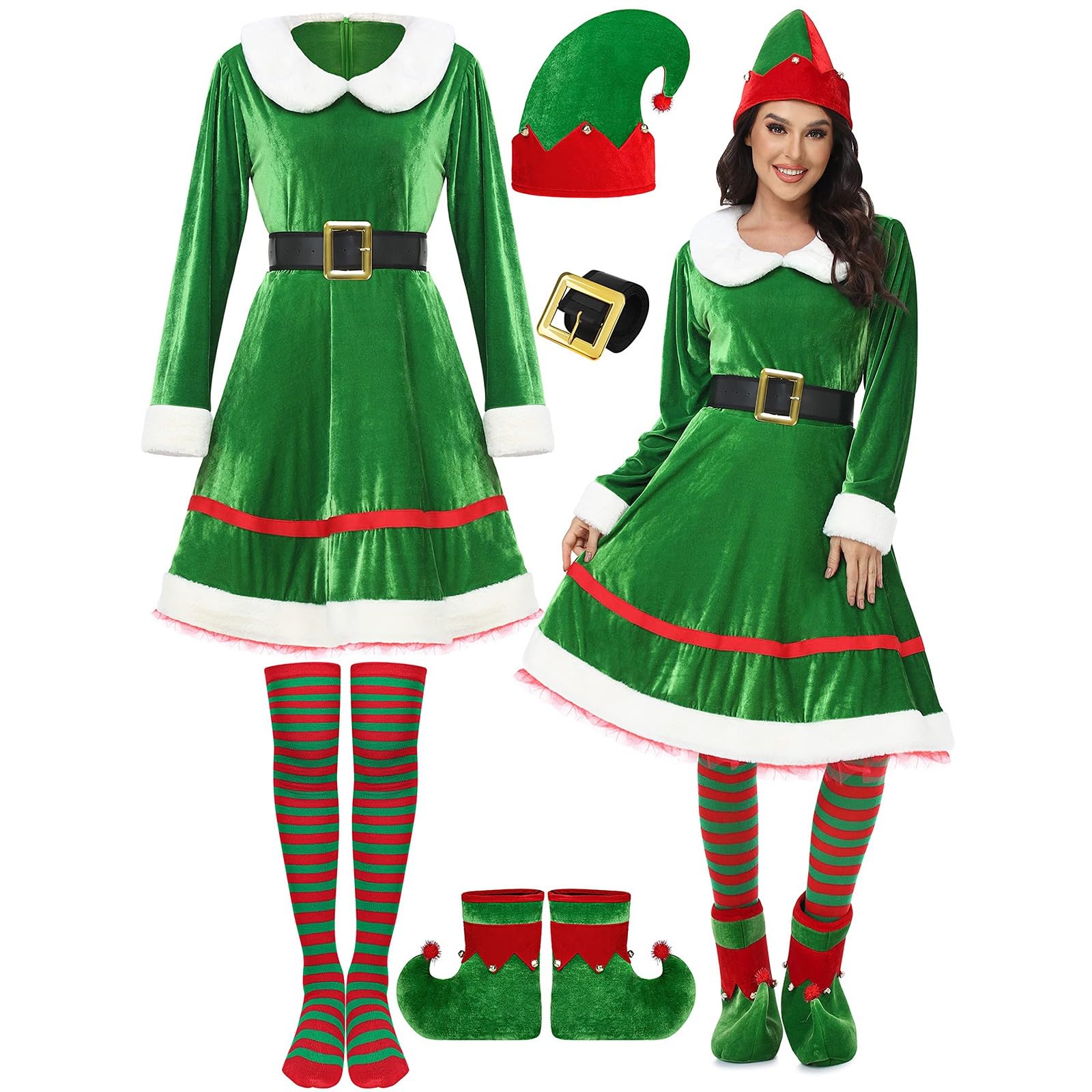 Damen Weihnachtskleid 5 Teiliges Weihnachtselfen Kostümset, Samtkleid+Gürtel Elf Cosplay Set, Festliche Elfenkleidung, Weihnachten Party Club Kostüm Karneval Cosplay