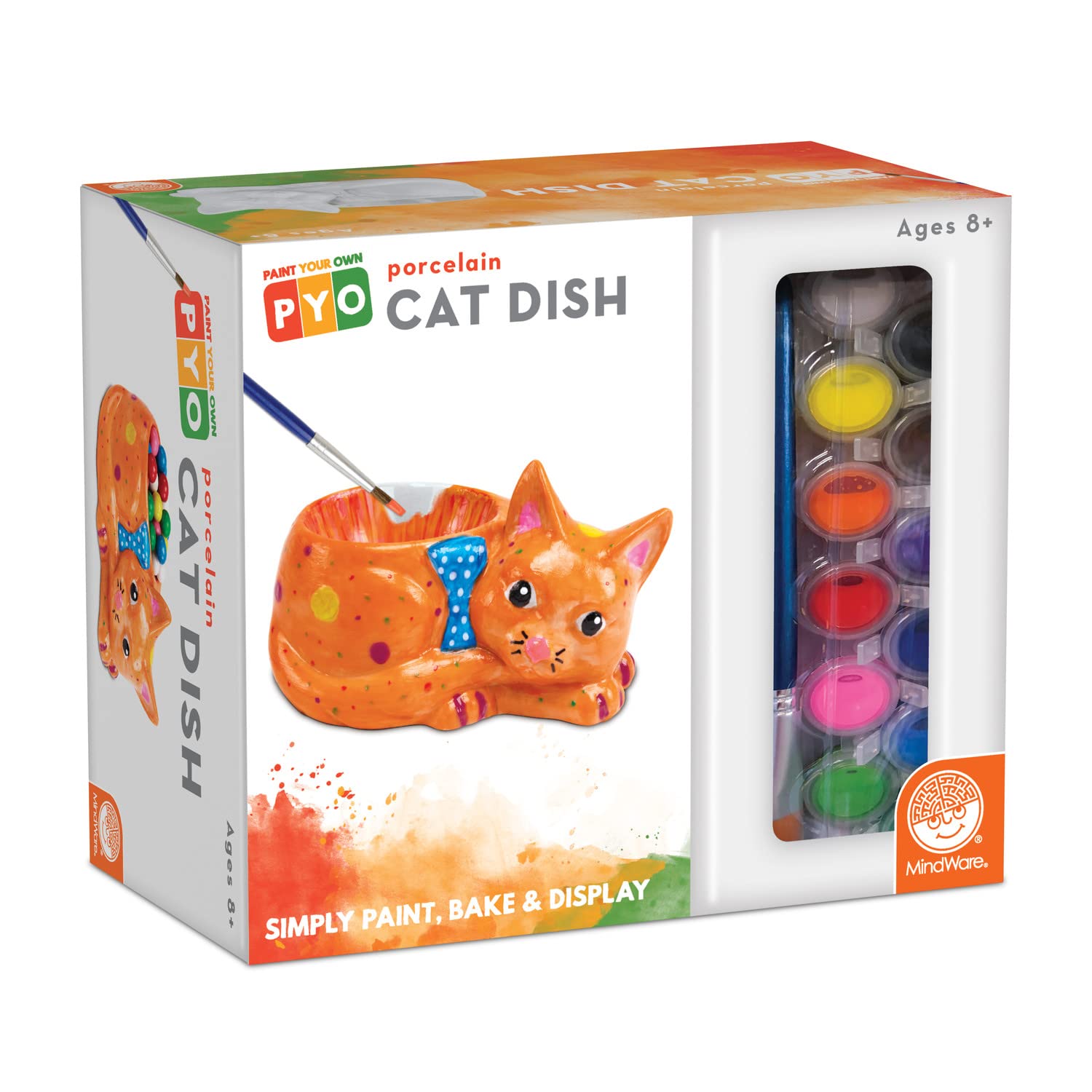 MindWare Paint Your Own Cat Dish – Figurines de peinture en porcelaine pour enfants, adolescents et adultes à partir de 8 ans – Comprend 12 peintures et 2 pinceaux