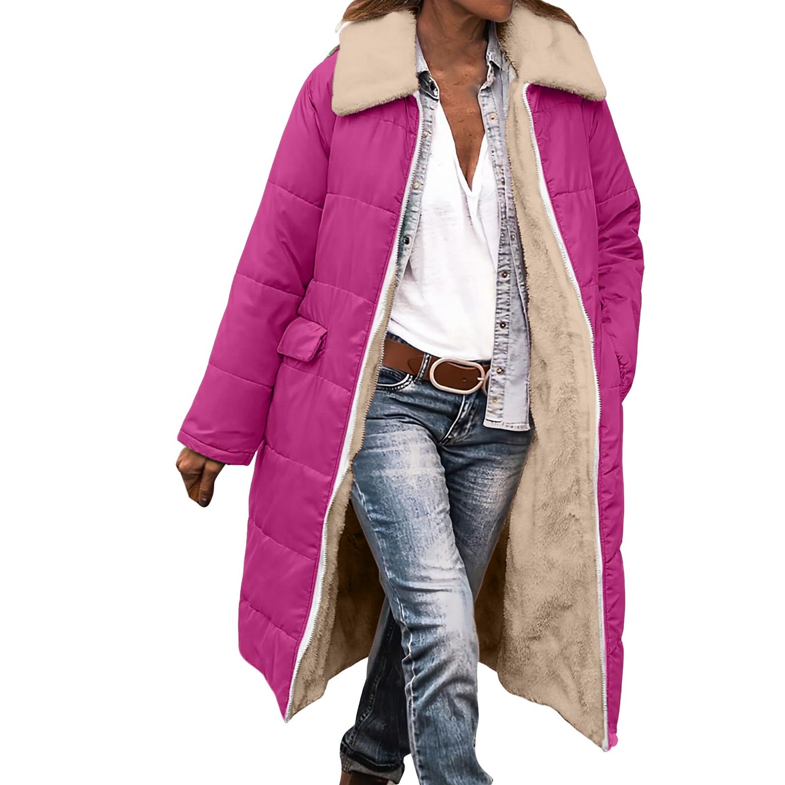 BUKKNYE Winter Coats for Women UK Fleece Lined Down Jacket Sherpa Puffer Hooded Trench Coat Ladies Quilted Jackets Casual Warm Outerwear Overcoat with Pockets Plus Size Hot Pink