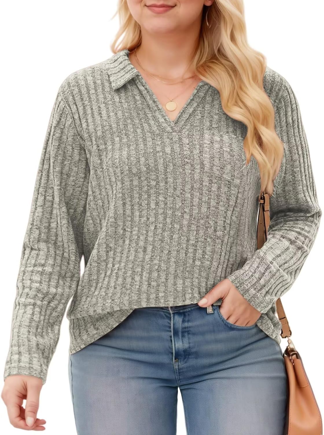 VISLILY Womens-Plus-Size-Tops Collared V Neck Polo Shirts Lightweight Long Sleeve Sweaters Trendy Pocket Decor Tunic Blouses - Image 2