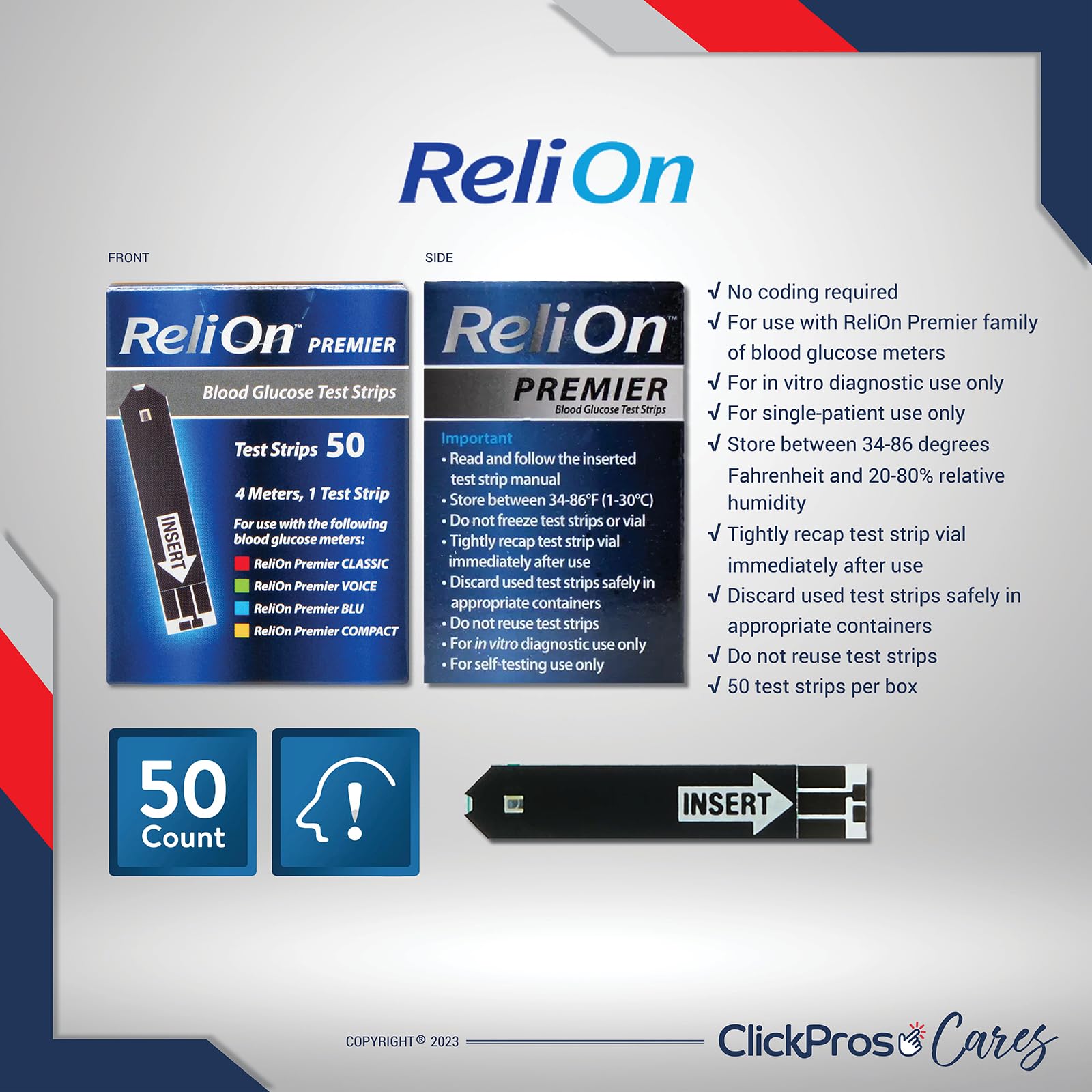 ReliOn Reli On Premier Blood Glucose Test Strips, 50 Ct