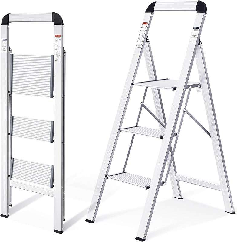 KINGRACK Escabeau, 3 marches, Escabeau Pliant avec Main Courante, Escabeau ménager antidérapant avec