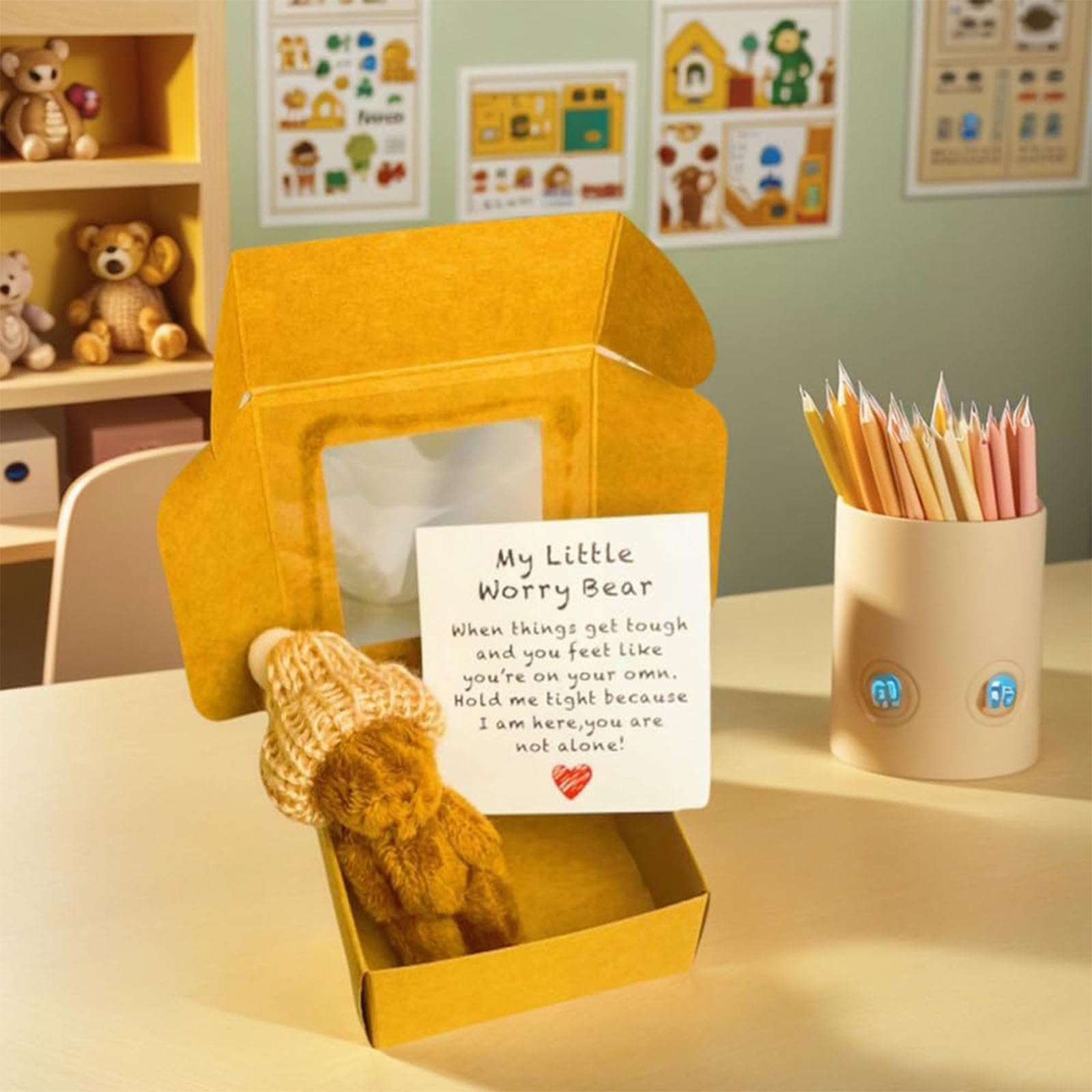 2 PCS My Little Worry Bear in a Box, Worry Bear Emotional Support Mini Plush Set including Inspirational Cards - Image 3