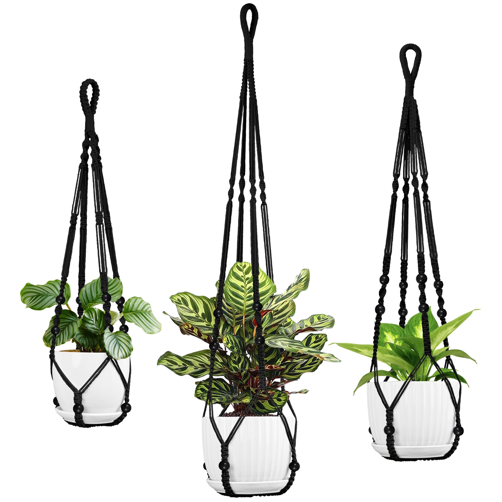 IDEEEPAN Macrame Plant Hanger - Fits 4-15 Inch Pots, 43"/35"/29" Different Sizes Set, Hanging Planter Holder for Indoor Outdoor, Cotton Rope Boho Home Decor, Black