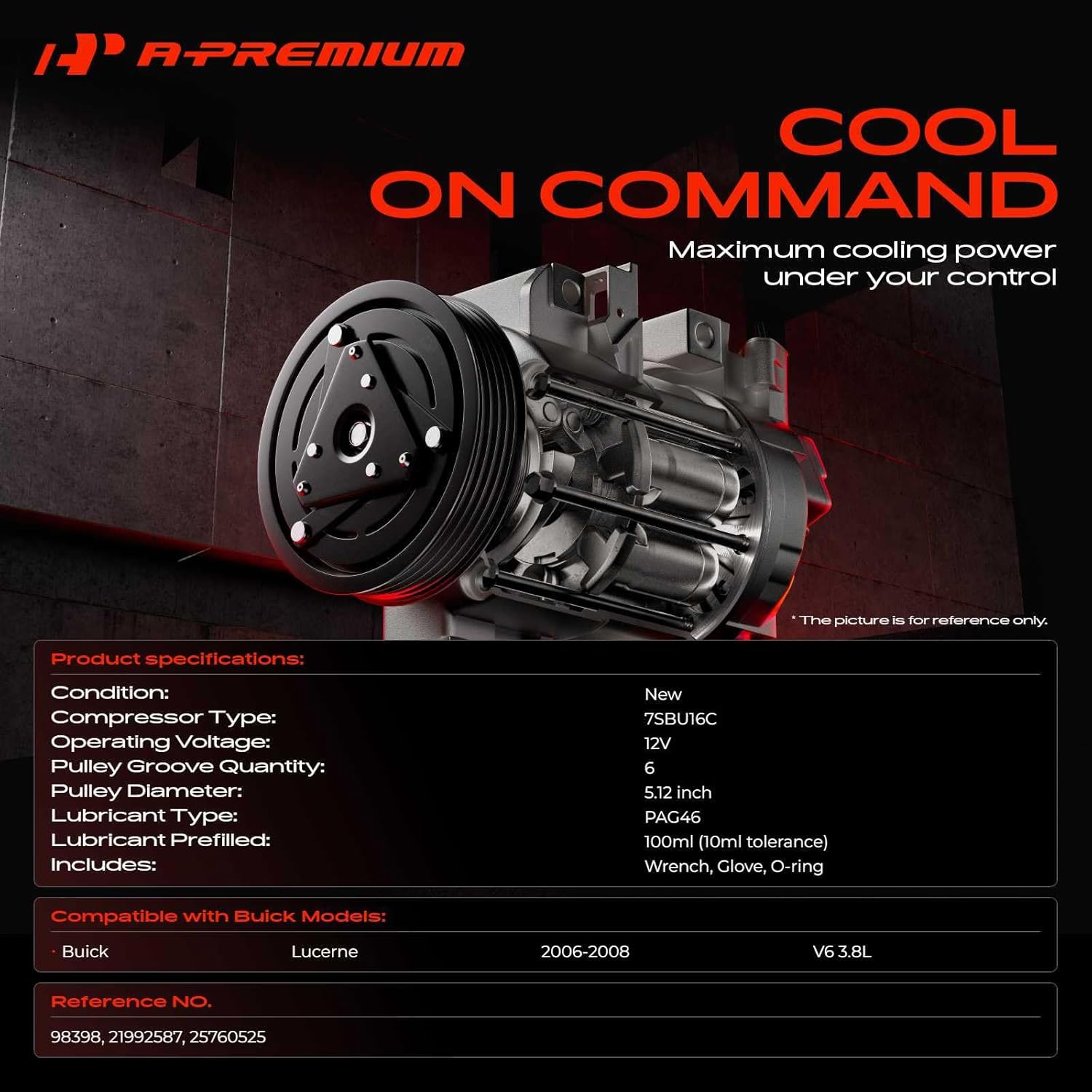 A-Premium Air Conditioner AC Compressor with Clutch Compatible with Buick Lucerne 3.8L 2006-2008