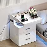 Treocho Led Nightstand with Hidden Space, Modern Night Stand with Charging Station, 3 Drawer Smart Nightstand with Glossy Finish, Tall Bedside Table with RGB Lights for Bedroom, White