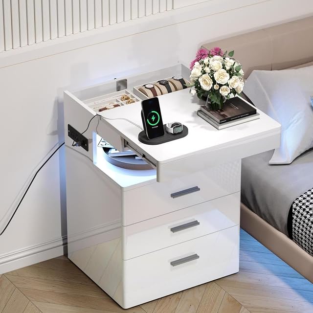 Treocho Led Nightstand with Hidden Space, Modern Night Stand with Charging Station, 3 Drawer Smart Nightstand with Glossy Finish, Tall Bedside Table with RGB Lights for Bedroom, White