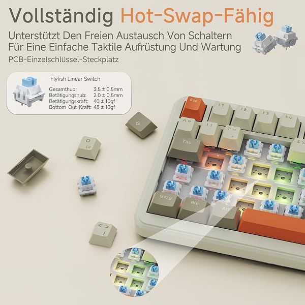 AJAZZ AK820 MAX Wireless Mechanical Keyboard, 75% Layout 82-Key Hot-Swap Gaming Keyboard, German QWERTZ Layout with Volume Control Knob, 2.4 GHz/Type-C/BT5.0, RGB Lighting Effects, Gray Beige Orange - 5