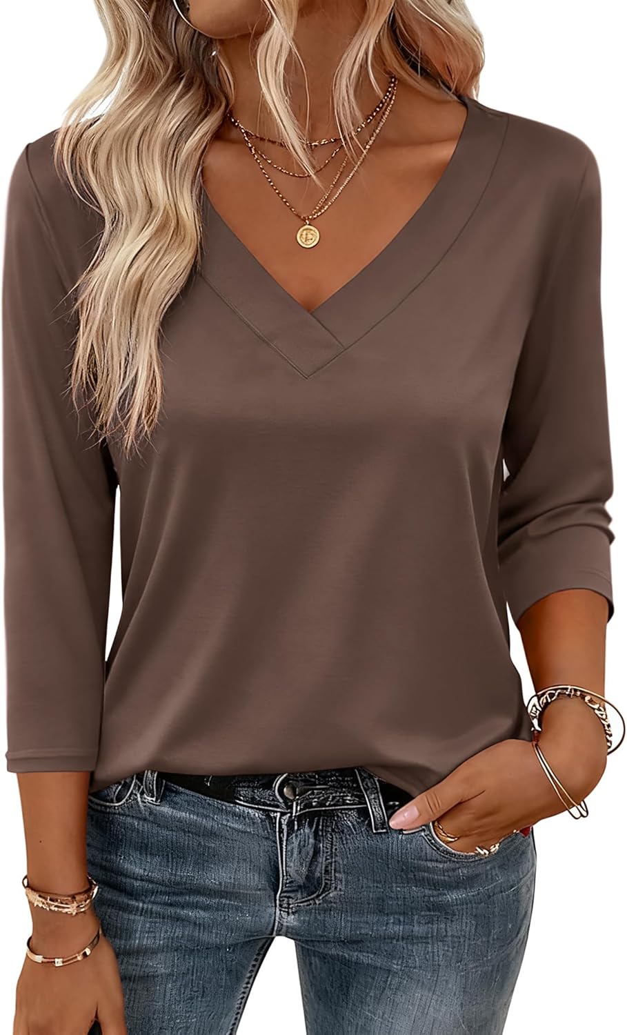 Zeagoo 3/4 Length Sleeve Womens Tops V Neck Shirt Dressy Casual Blouse Basic Tshirts 2026 Fashion Clothing S-2XL