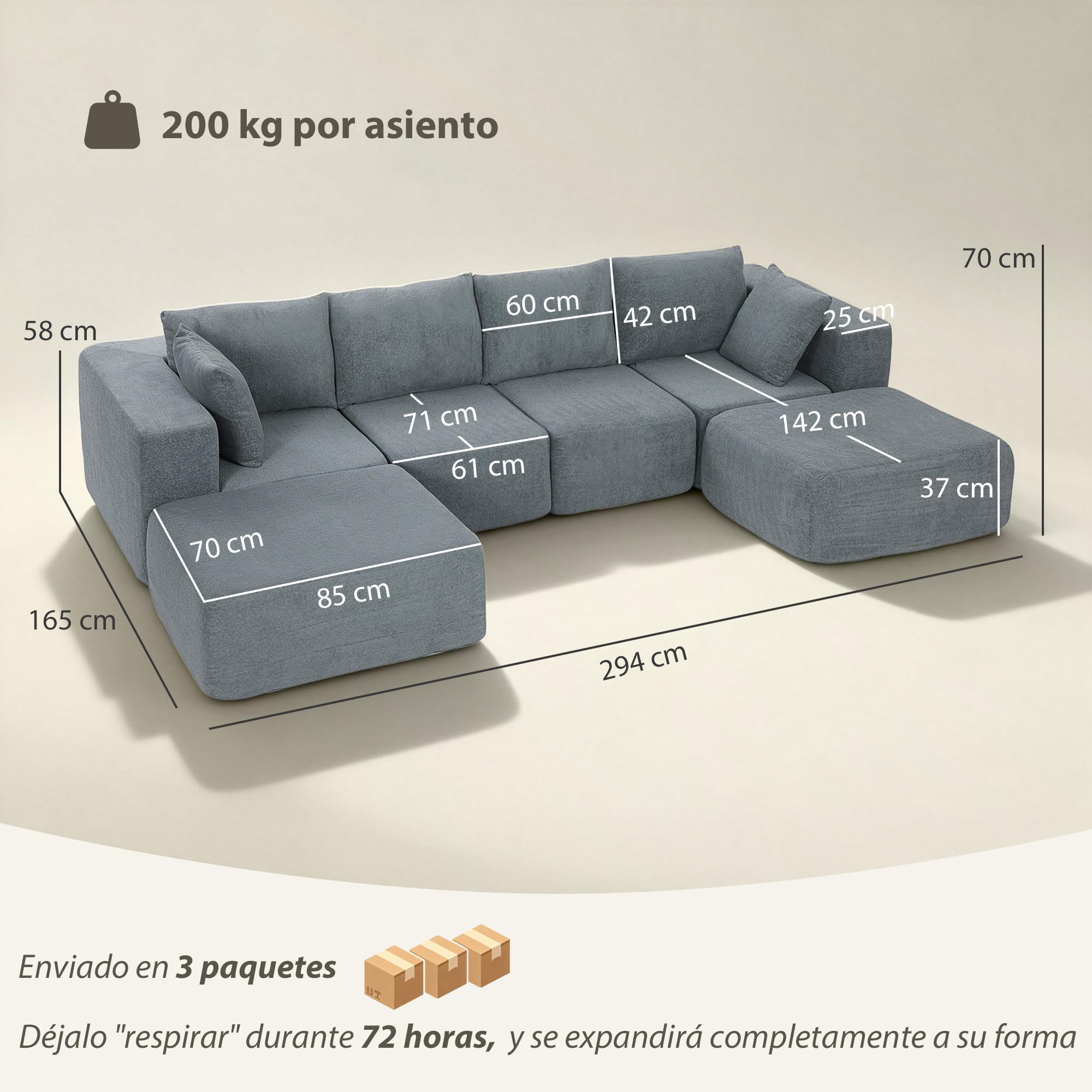 HOMCOM Sofá Modular en Forma de U 4 Plazas, 2 Taburetes Gris Oscuro | Sofá de Esquina Seccional, Almohadas, Reposabrazos Anchos, sin Montaje, Asientos Amplios y Profundos, Tapizado en Terciopelo